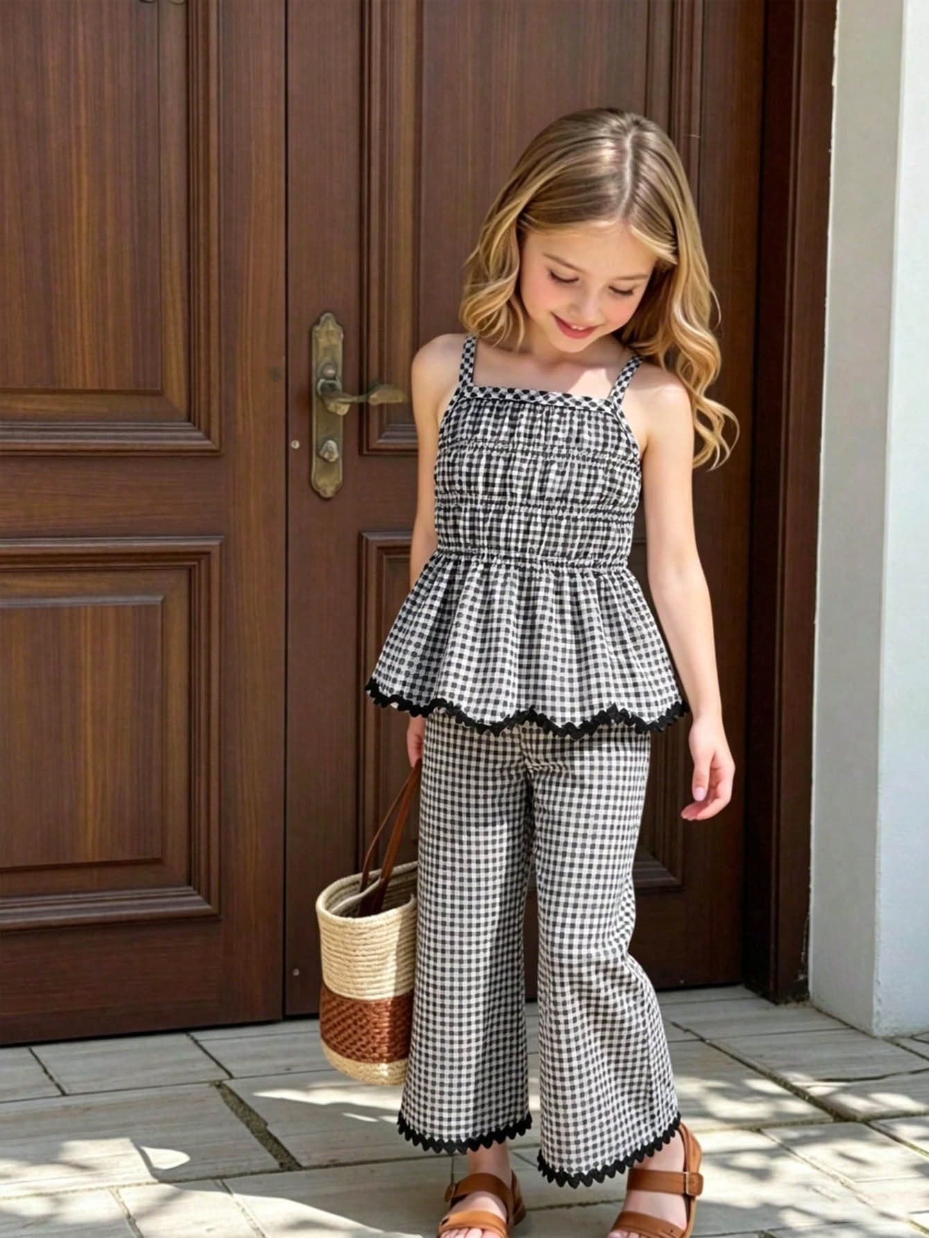 SHEIN Girls' Summer Black And White Plaid Cami Top And Drapey Wide Leg Pants Set, Suitable For Vacation, Outings And Other Occasions