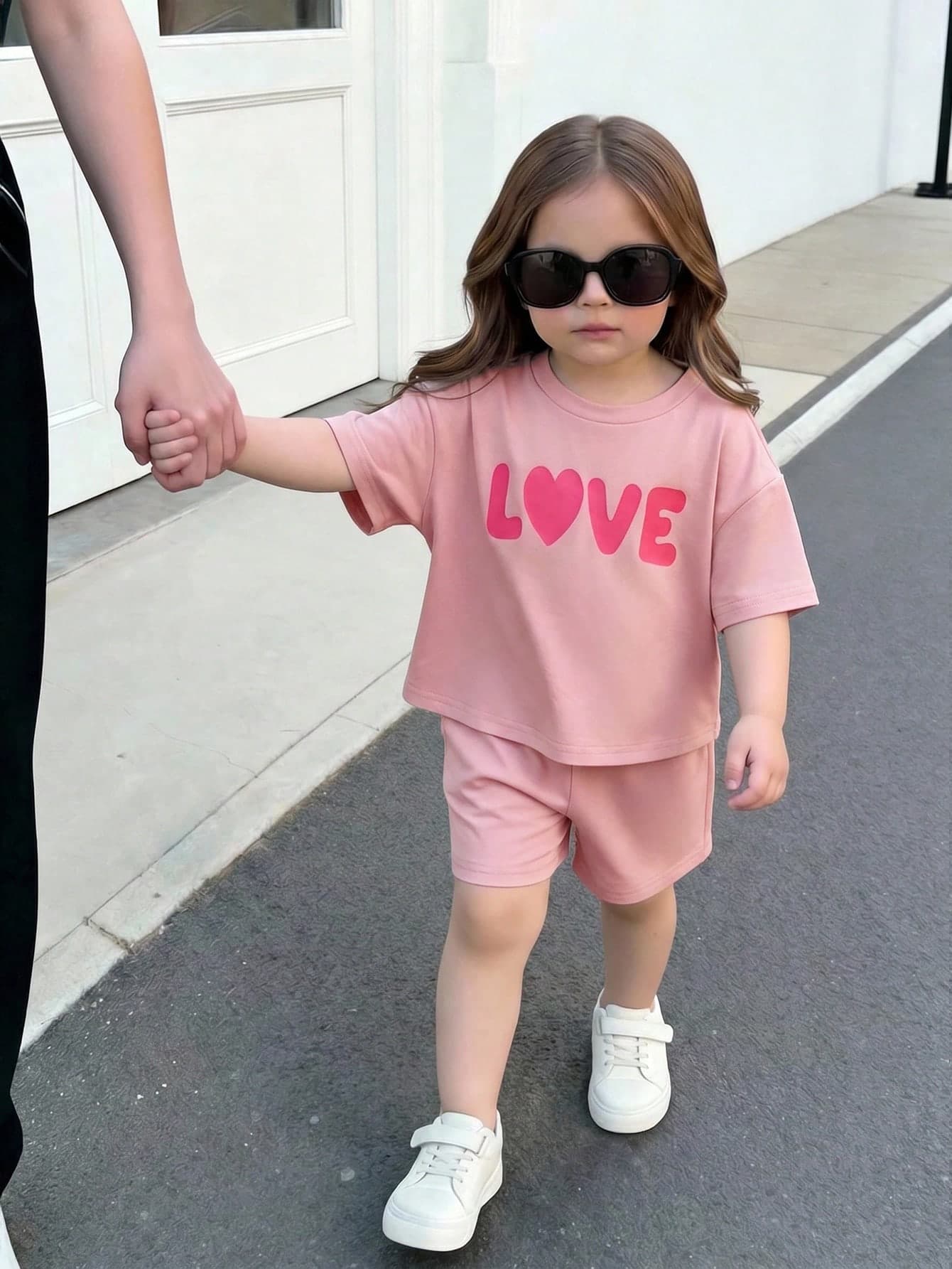 SHEIN Newborn Baby Girl Cute Summer Casual Knit Pink Letter Print Short Sleeve T-Shirt And Shorts Set