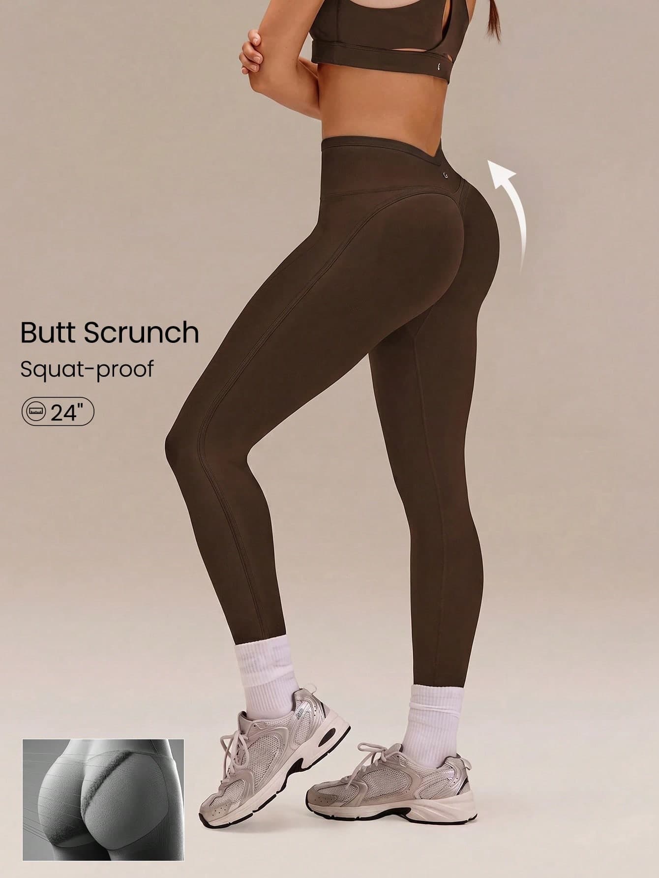 GLOWMODE 24" Ultrafine Soft Seamless Get Glowin' Back V-Waist Contoured Scrunch Bum Contrast Seams Non-See-Through Leggings Training Running Workout Gym Daily Active Wear