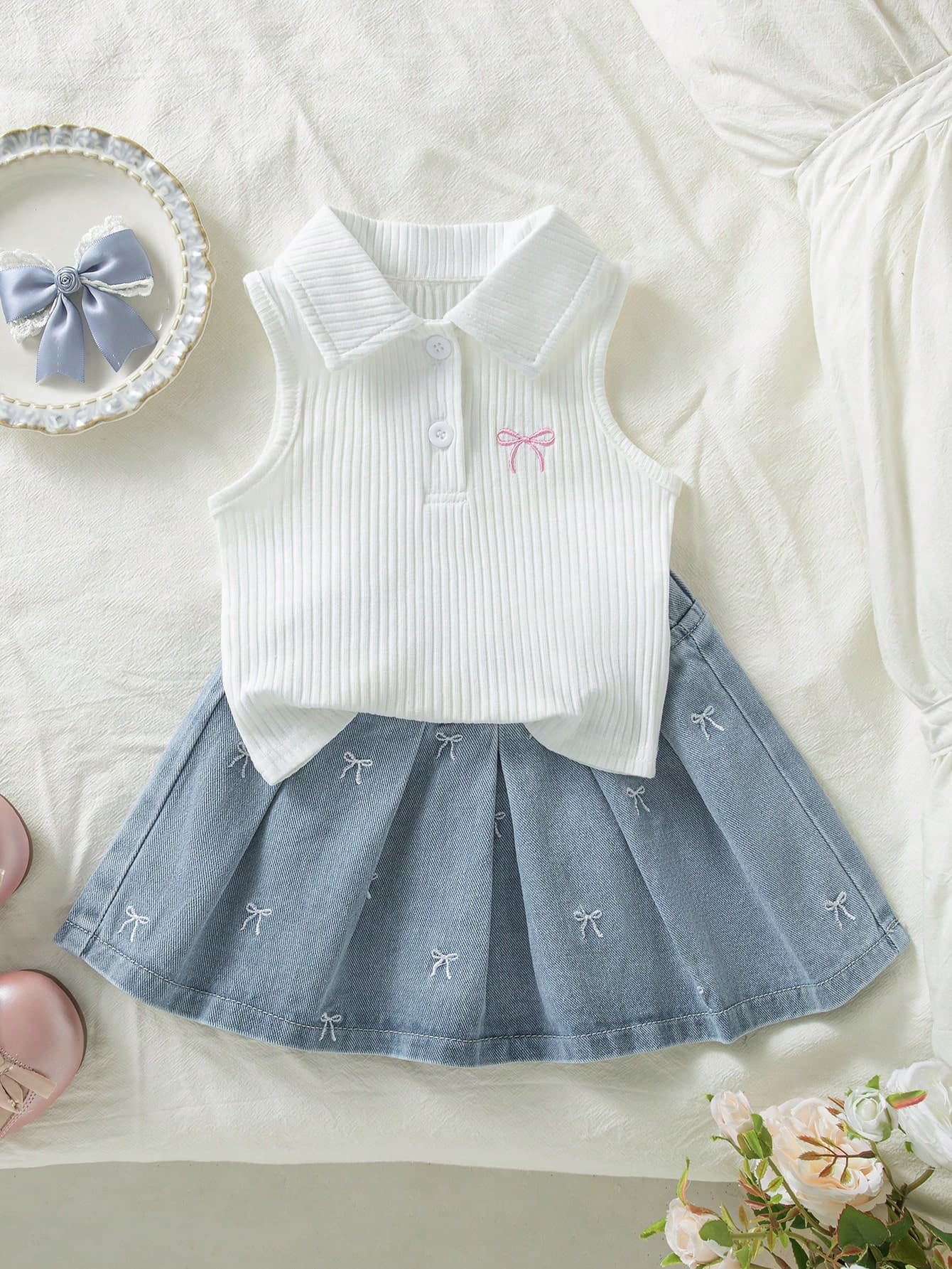 Genkimix Kids Young Girls Polo Skirt Set Back-To-School Summer Baby Pink Baby Blue Ribbed Knit Sleeveless Top With Bow Embroidery Denim Pleated Skirt Outfit