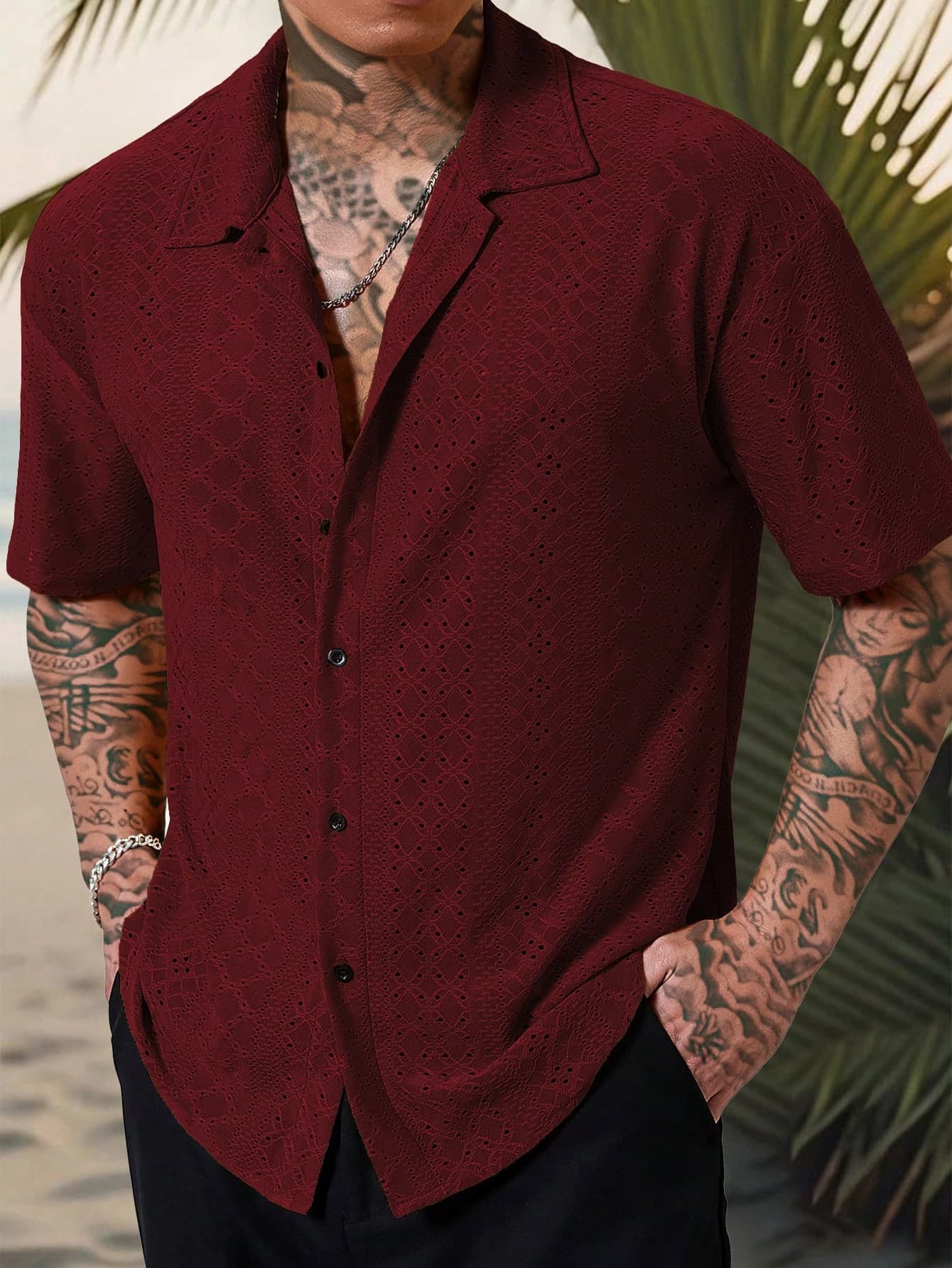 Manfinity RSRT Men's Burgundy Summer Casual Vacation Holiday Shirt,Knitted Geometric Striped Crochet Textured Jacquard Loose Short-Sleeve Single-Breasted Button Up