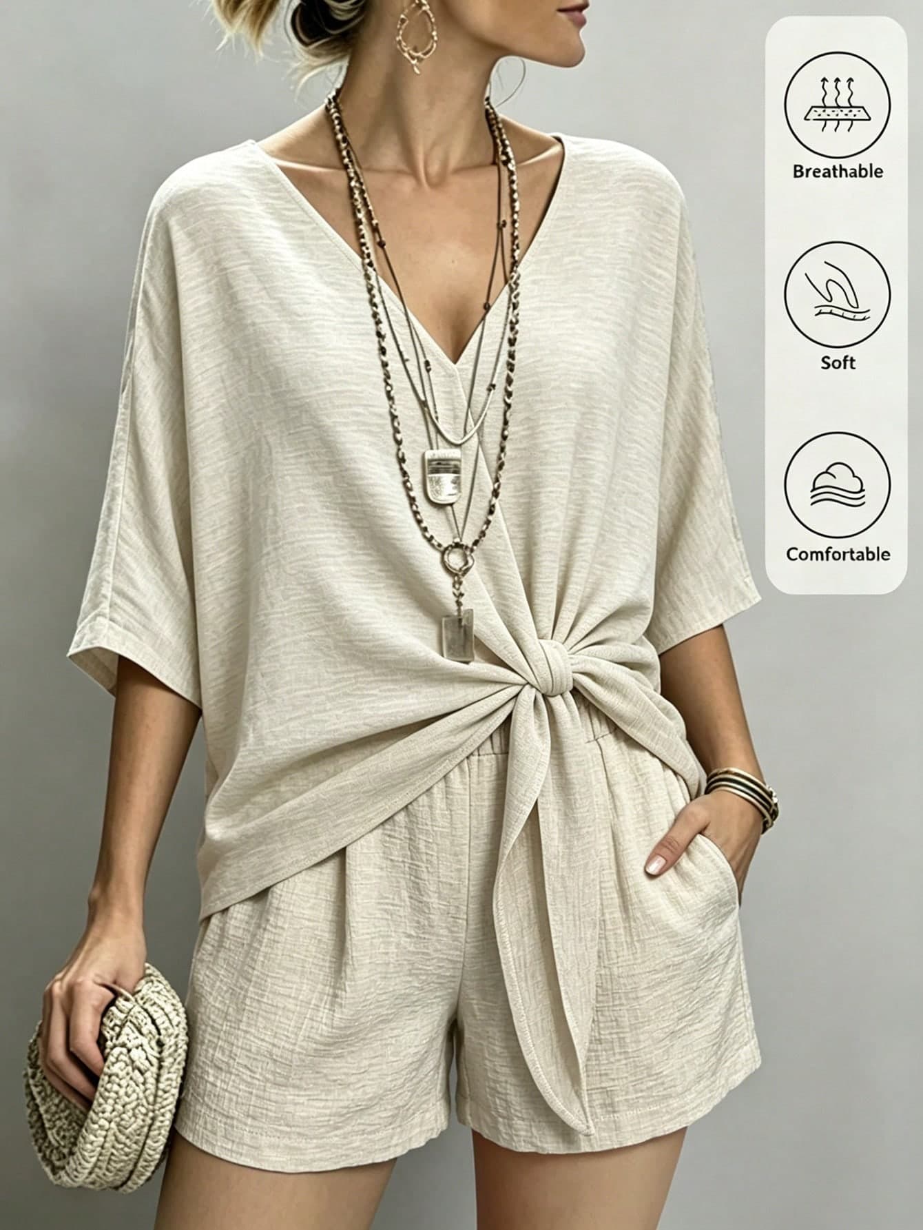 Louniche Women's Casual Linen Texture Solid Color V-Neck Twist Front Shirt And Elastic Waist Shorts Bohemian Vacation Style 2-Piece Set