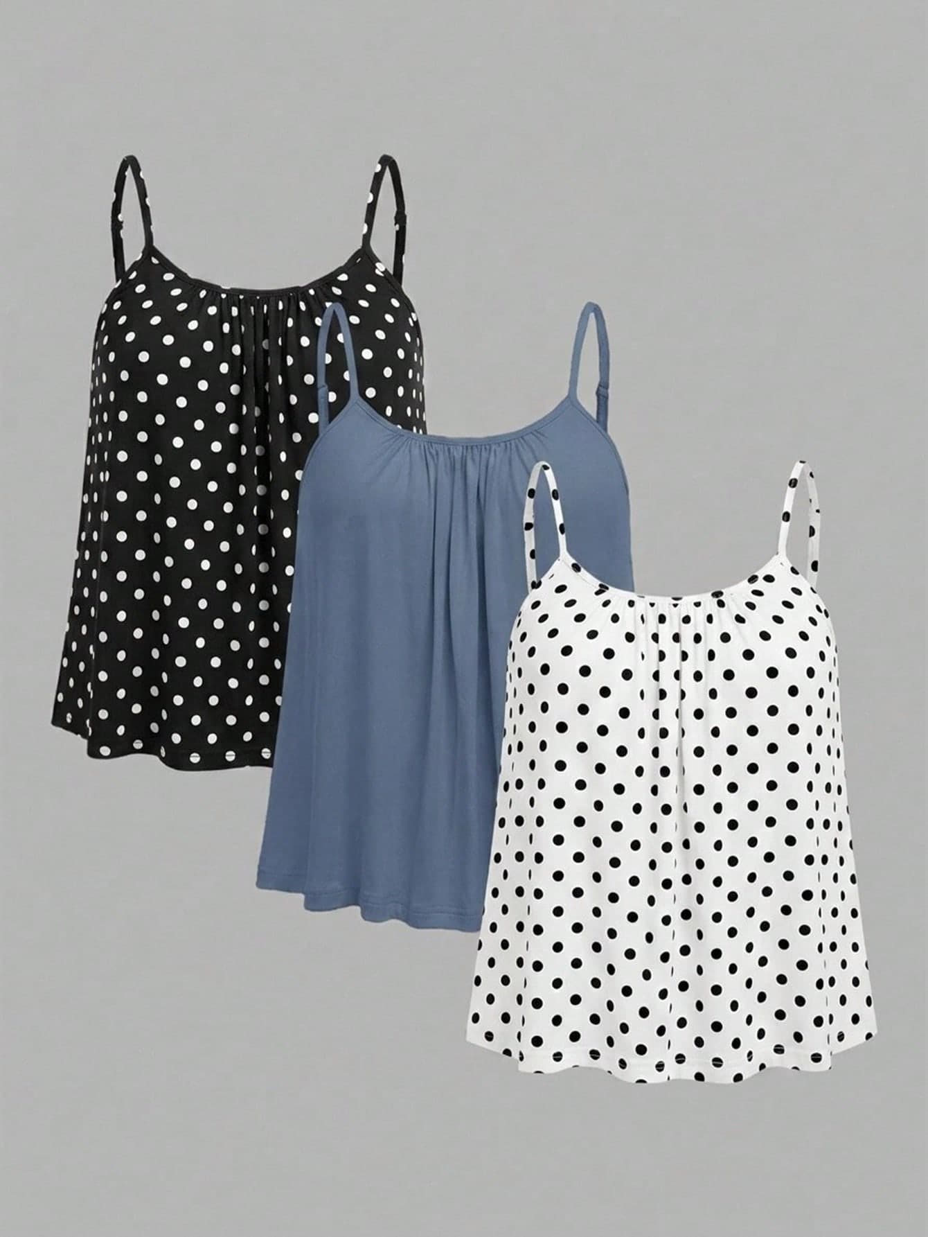 Comfortcana 3pcs Black Polka Dot + Foggy Blue + White Polka Dot Pattern Plus Size Women's Ruched Loose Camisole Tank Top With Adjustable Shoulder Straps, Suitable For Spring And Summer