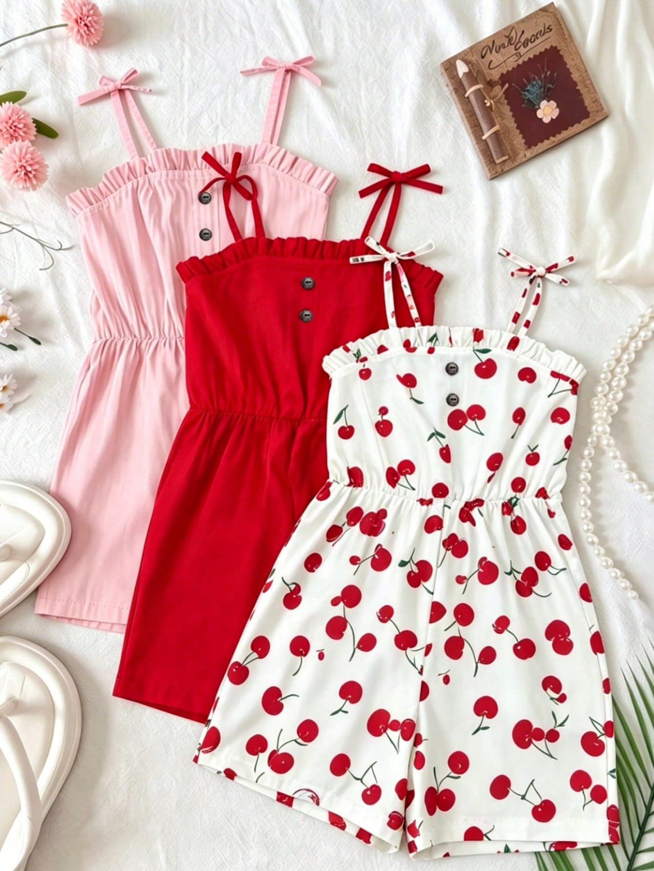 Souflis Souflis Girls Toddler Casual Vacation Cute Print Pattern Solid Color Suitable For Multi-Child Families Beach Vacation Outing School 3 PiecesJumpsuit Set