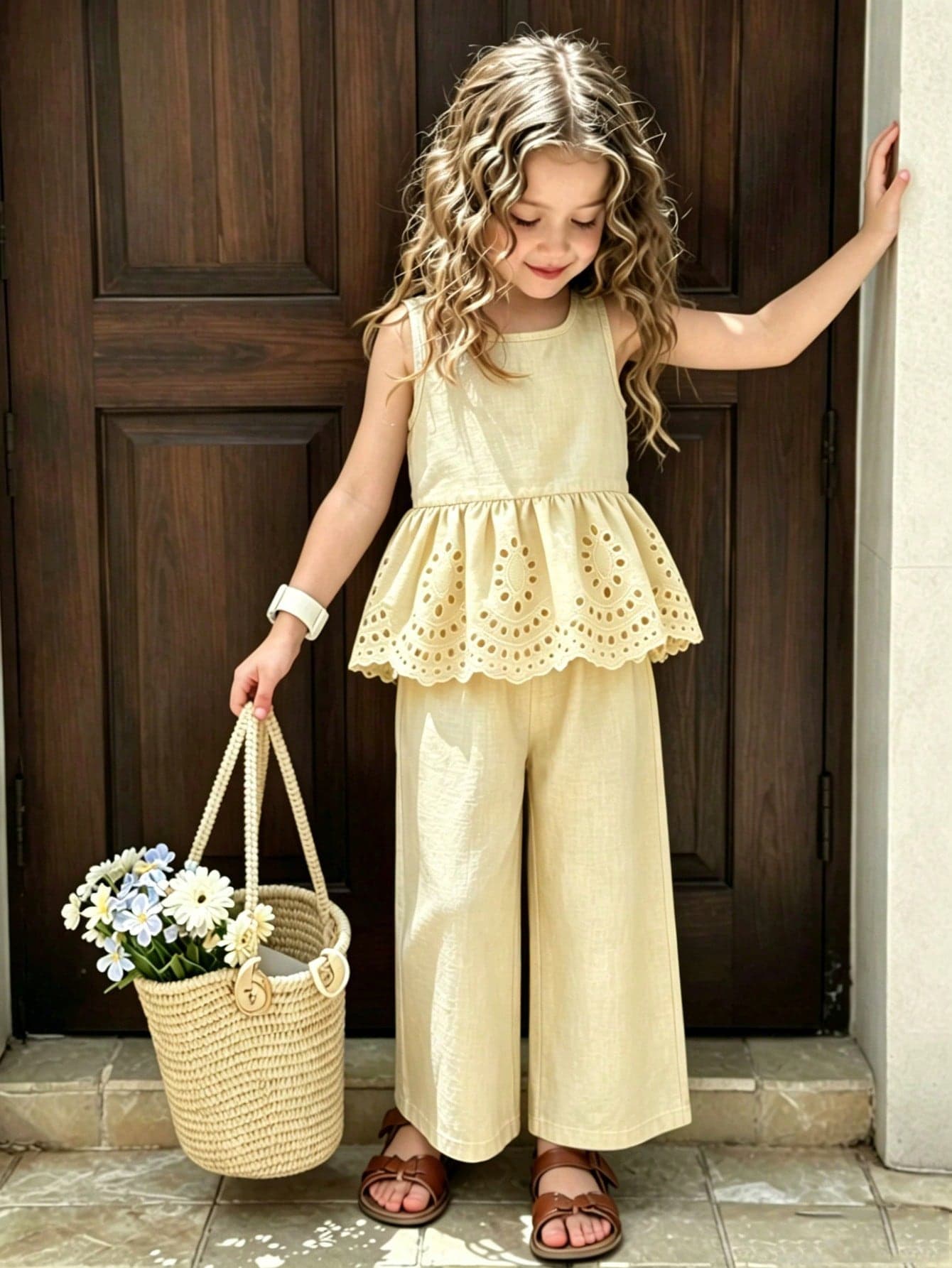 Elladie kids Girls' Summer 2-Piece Set, Blue Sleeveless Top + Wide Leg Pants, Perfect Summer Outfit For Big Girls! Simple And Elegant Sleeveless Round Neck Top With Exquisite Hollow Embroidery Design On The Hem, Showcasing A Sweet Elegant; One Set Suitable For Daily School, Park Outings, Gatherings With Friends And More