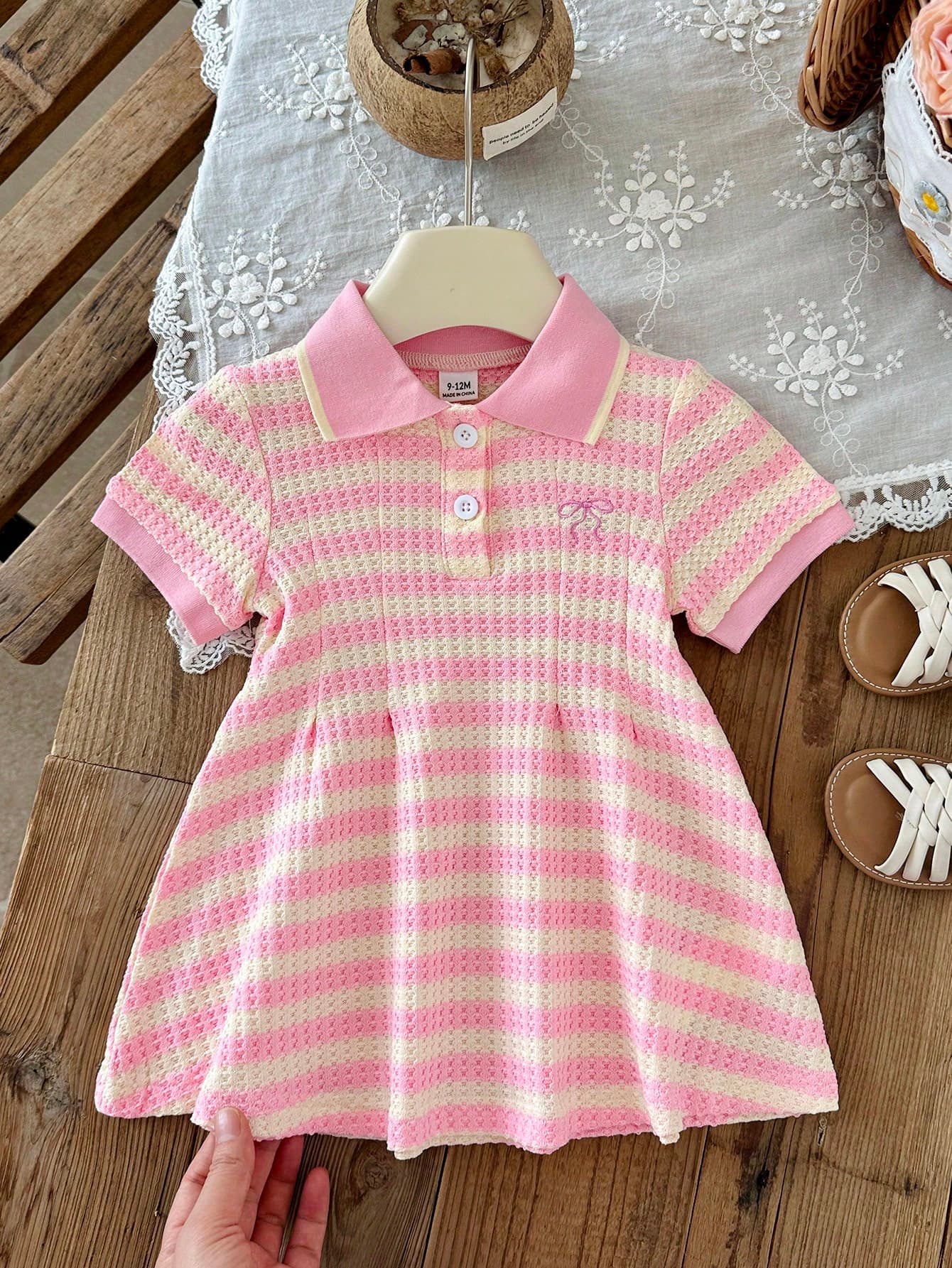 SHEIN Baby Girl Pink & White Striped Casual Dress, Knit Striped Polo Collar, Classic A-Line Silhouette, Preppy Style With Small Bow & Embroidery Accents, Energetic Soft Cute Versatile Gentle & Lively, Summer Outdoor Play Vacation Outfit, Daily Casual Comfortable School & Outing Wear