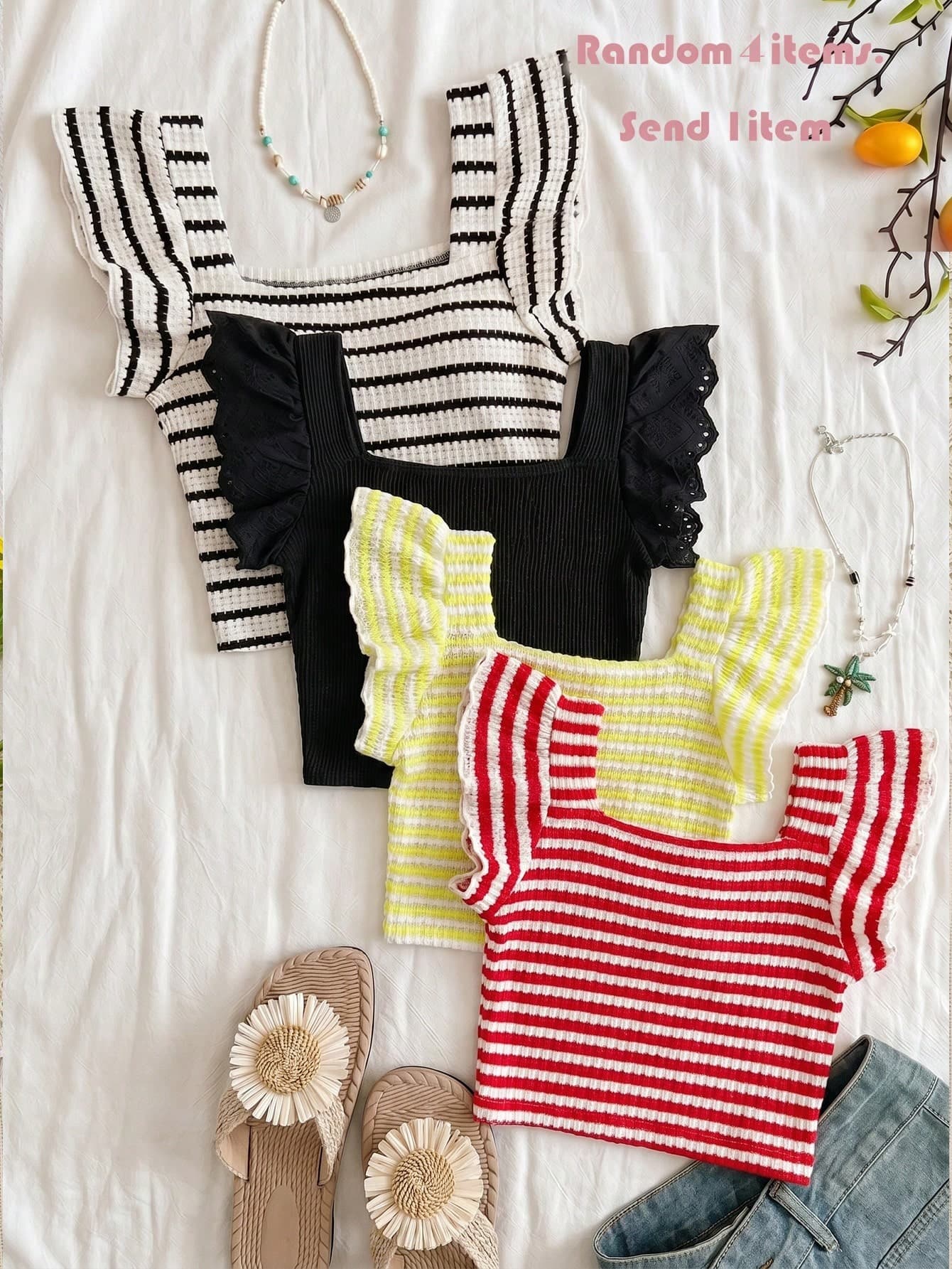 Young Girl Cream Yellow Square Neck Puff Sleeve Top & Textured Vertical Stripe Fabric & Jacquard Hollow Design & Cropped Fitted Children's Knit Sweater & Lightweight Summer Little Girl Base Layer & Sweet Princess Style Casual Children's Clothing & Design-Driven Cute Ruffle Sleeve Girls T-Shirt