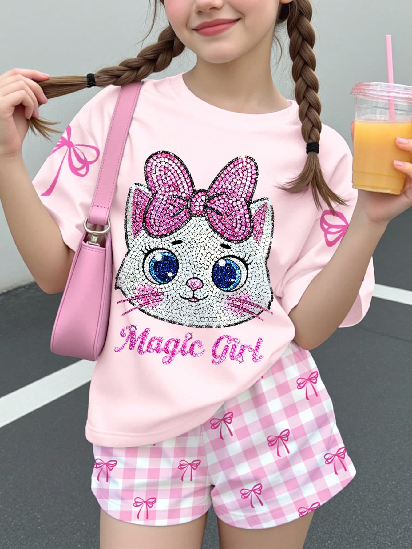 Tween Girl Casual Simple Cute Shiny Textured Cartoon Kitty Cat Pattern, Pink And White Bow, Plaid, Short Sleeve Shorts Two Pieces Set Summer Kawaii