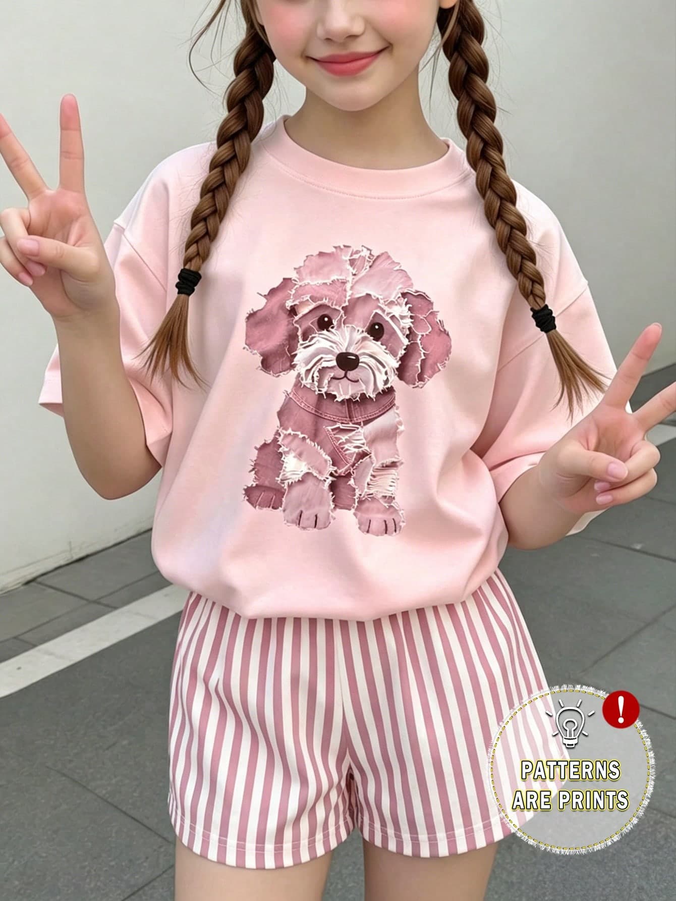 Tween Girl Casual Minimalist Cute Personalized Textured Puppy Print Loose Round Neck Short Sleeve T-Shirt And Casual Blue & White Striped Loose Shorts 2-Piece Set, Suitable For Spring And Summer, Puppy Keep, Cozy Spring And Summer Styles, Girls O
