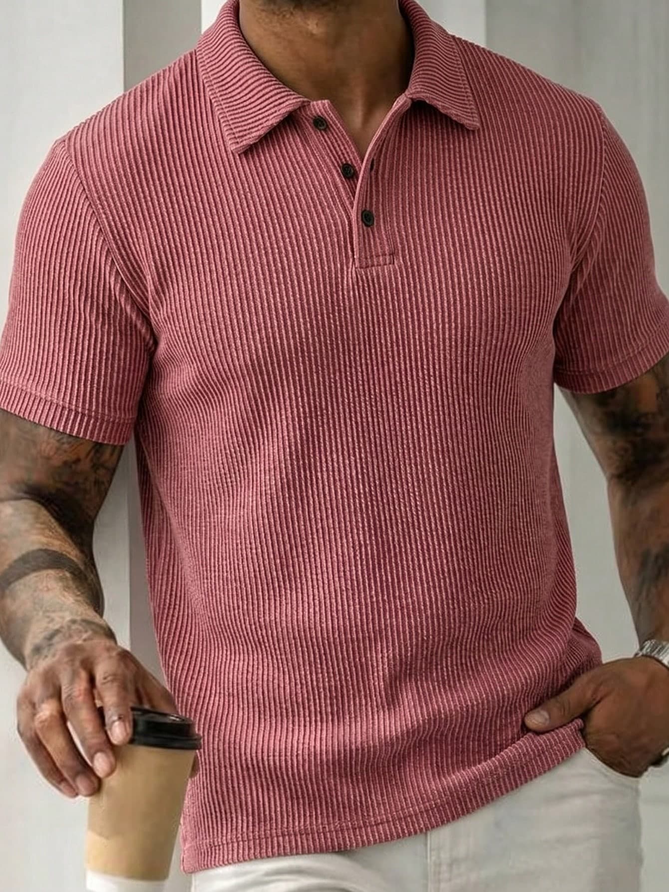 Manfinity CasualCool Men's Vertical Striped Textured Fabric Mature Casual, Daily, Holiday, Gift For Husband/Boyfriend Short Sleeve Polo Shirt, Ceremony