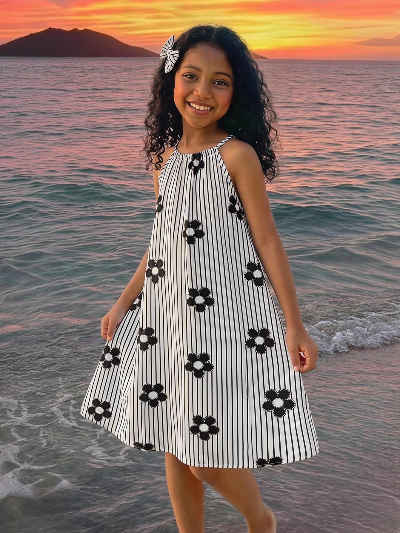 Tween Girl Loose Casual Sleeveless Vacation Striped Floral Print Midi Dress