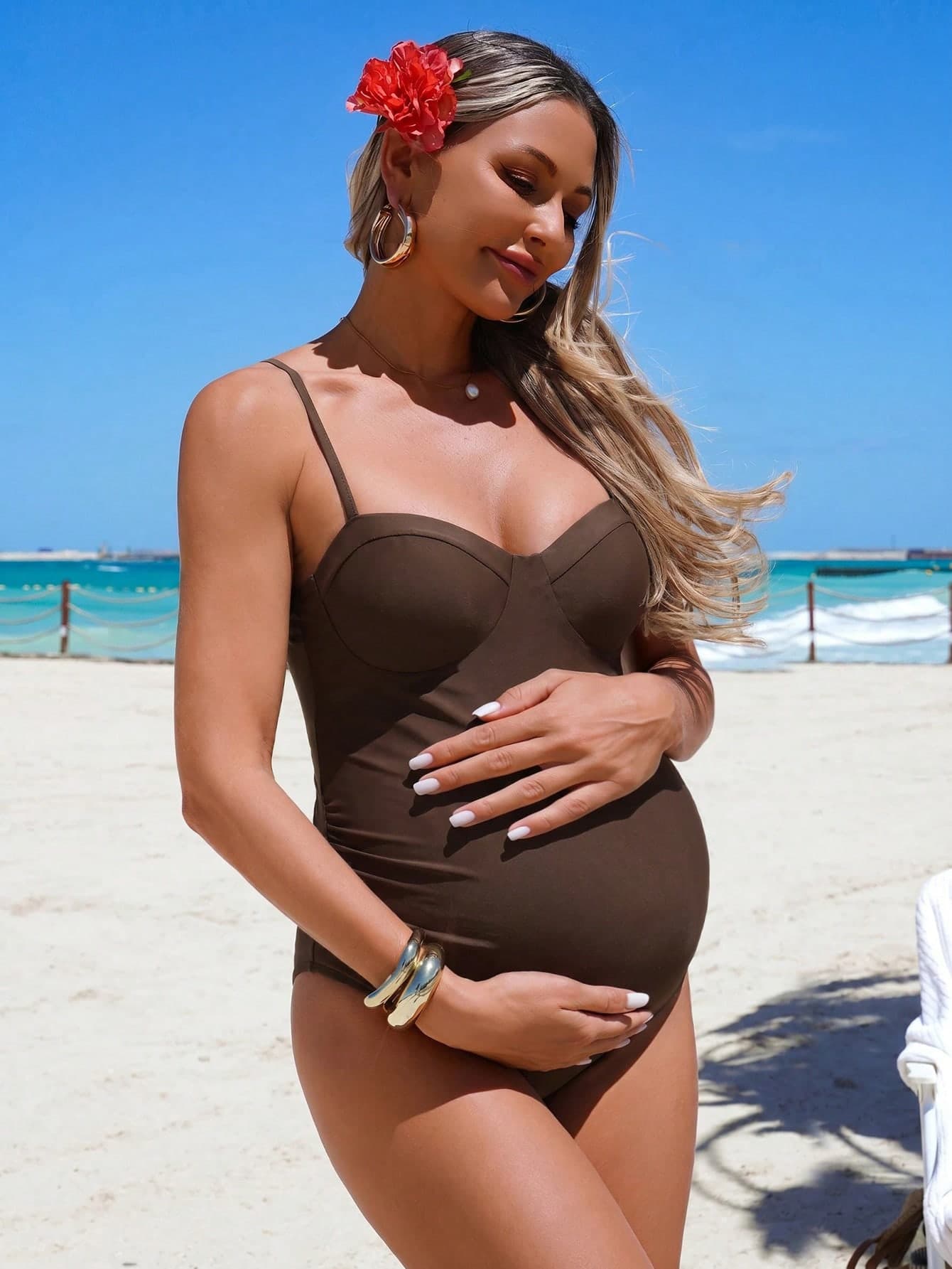 SHEIN 26SS Summer Beach Vacation Retro Polka Dot Underwire Basic Casual Maternity One-Piece Swimsuit