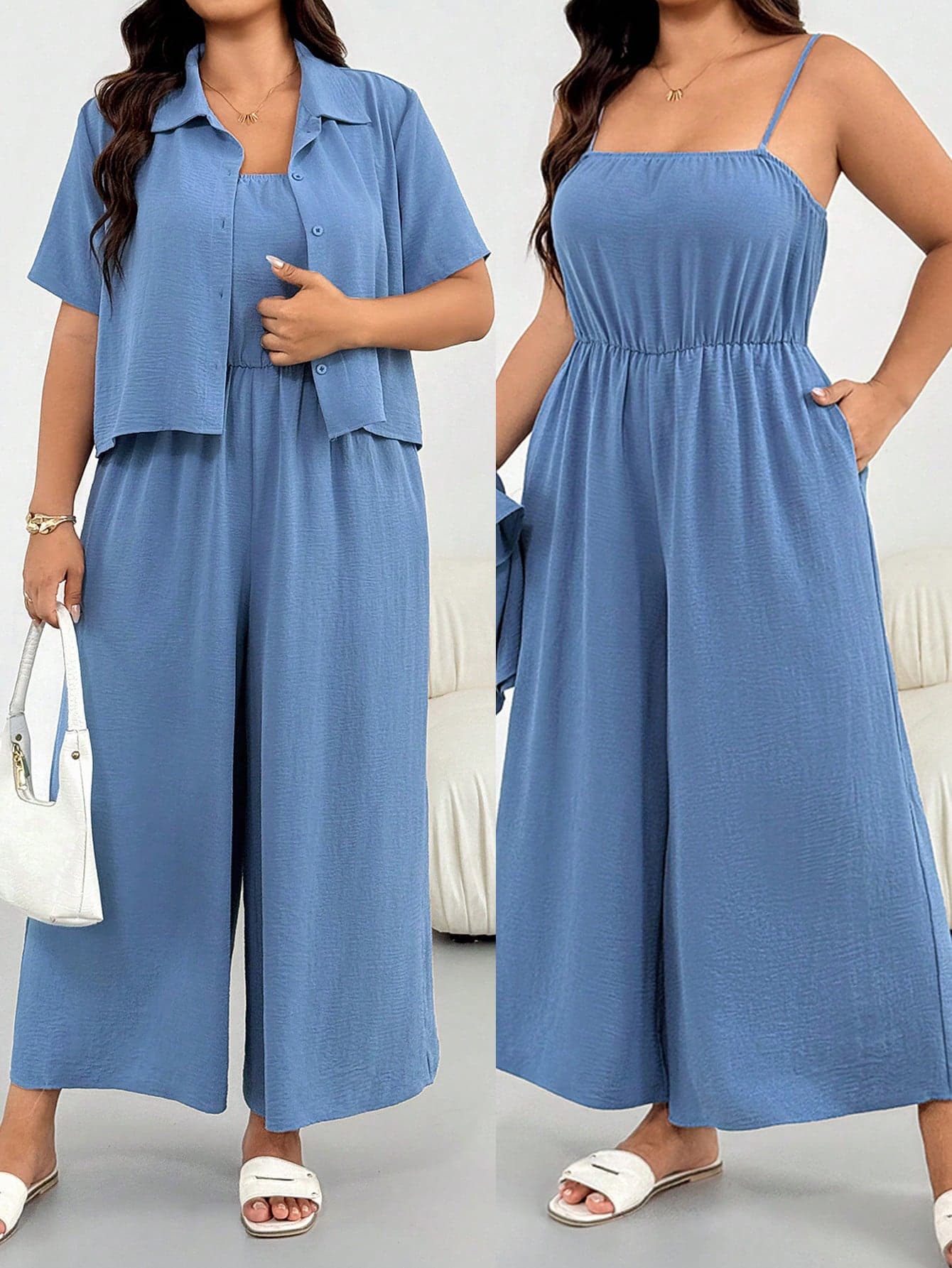 SHEIN Essnce Plus Size Women's Spring/Summer Casual Loose Cool Comfortable Daily Basic Versatile Slimming Dusty Blue Camisole Jumpsuit And Short Sleeve Set