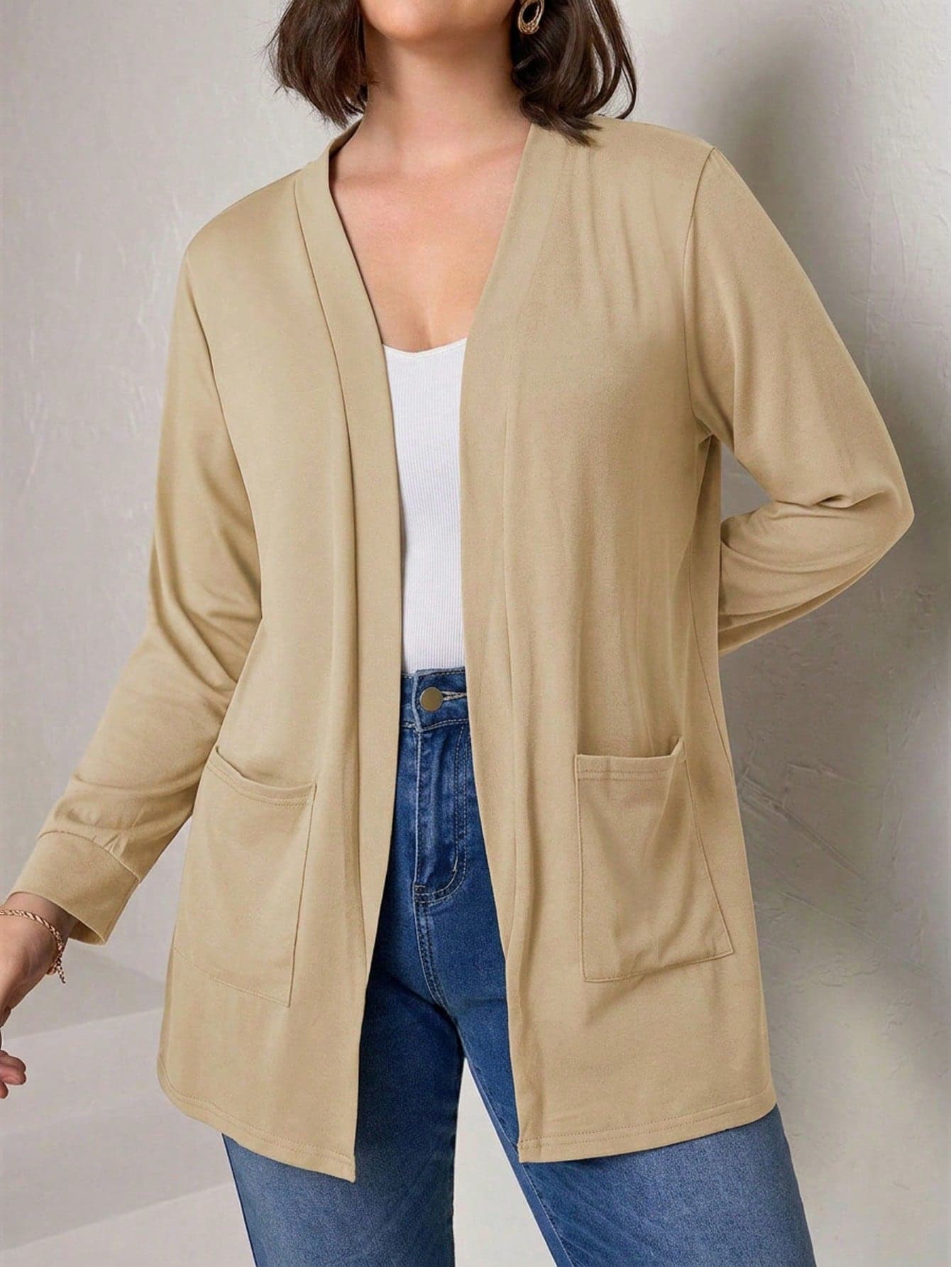 Chikora Plus Size Black Knit Pocket Loose Fit Cardigan With Pockets,Business Casual Casual Medieval Woman Autumn Fall Bussines Formal
