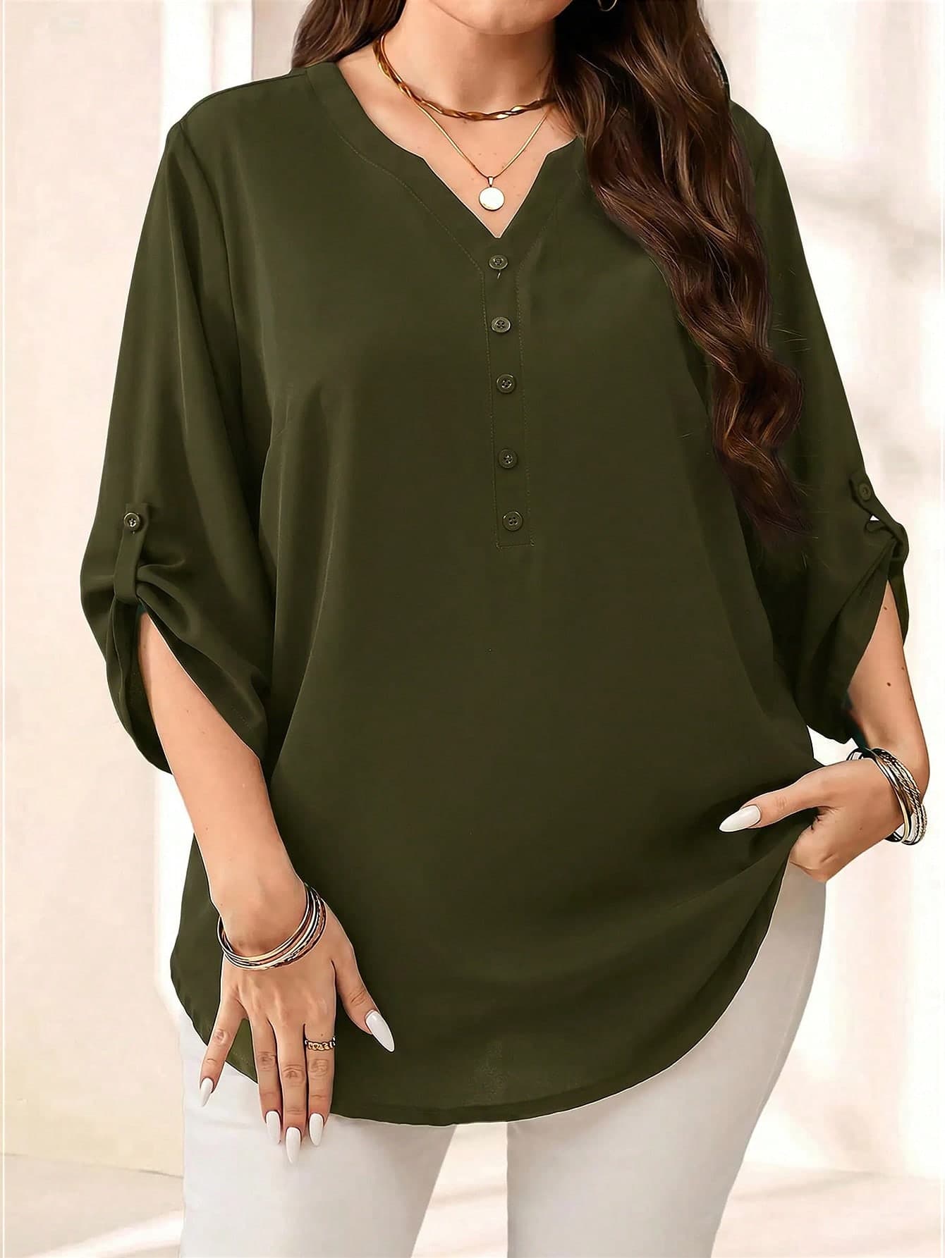 Miaspire Plus Size Women Summer/Autumn Army Green 3/4 Sleeve Blouse Shirt Top,Spring And Summer For Women, Casual Vacation Fall,Business,Back To School,Formal