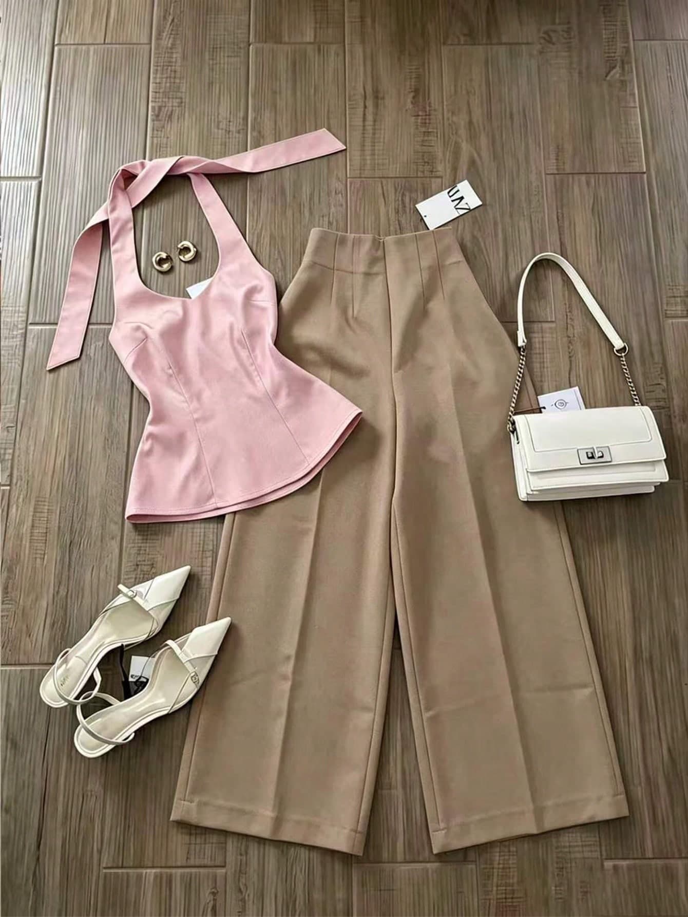 Franclia Women's Solid Color Halter Neck Waist-Defining Top And Casual Long Pants 2 Pieces Set