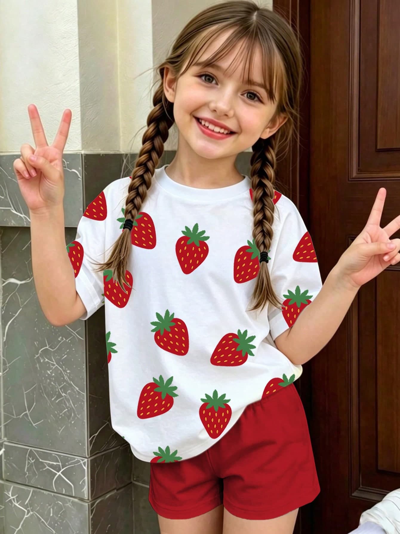 Fashion Strawberry Print, Girls 2-Piece Set, Girls Casual Short Sleeve T-Shirt And Shorts, Comfortable And Stylish. Suitable For All Seasons, Home, Vacation, Holiday, Spring Vibes, Tops, Shorts, Tendencias Ss26, New Ss26 Fashion, Sets, Summer Tops, Summer Outfits Easy Comfort, Stylish Girl Set, CasualWear, Spring&Summer Set, New Style, Chill Chill