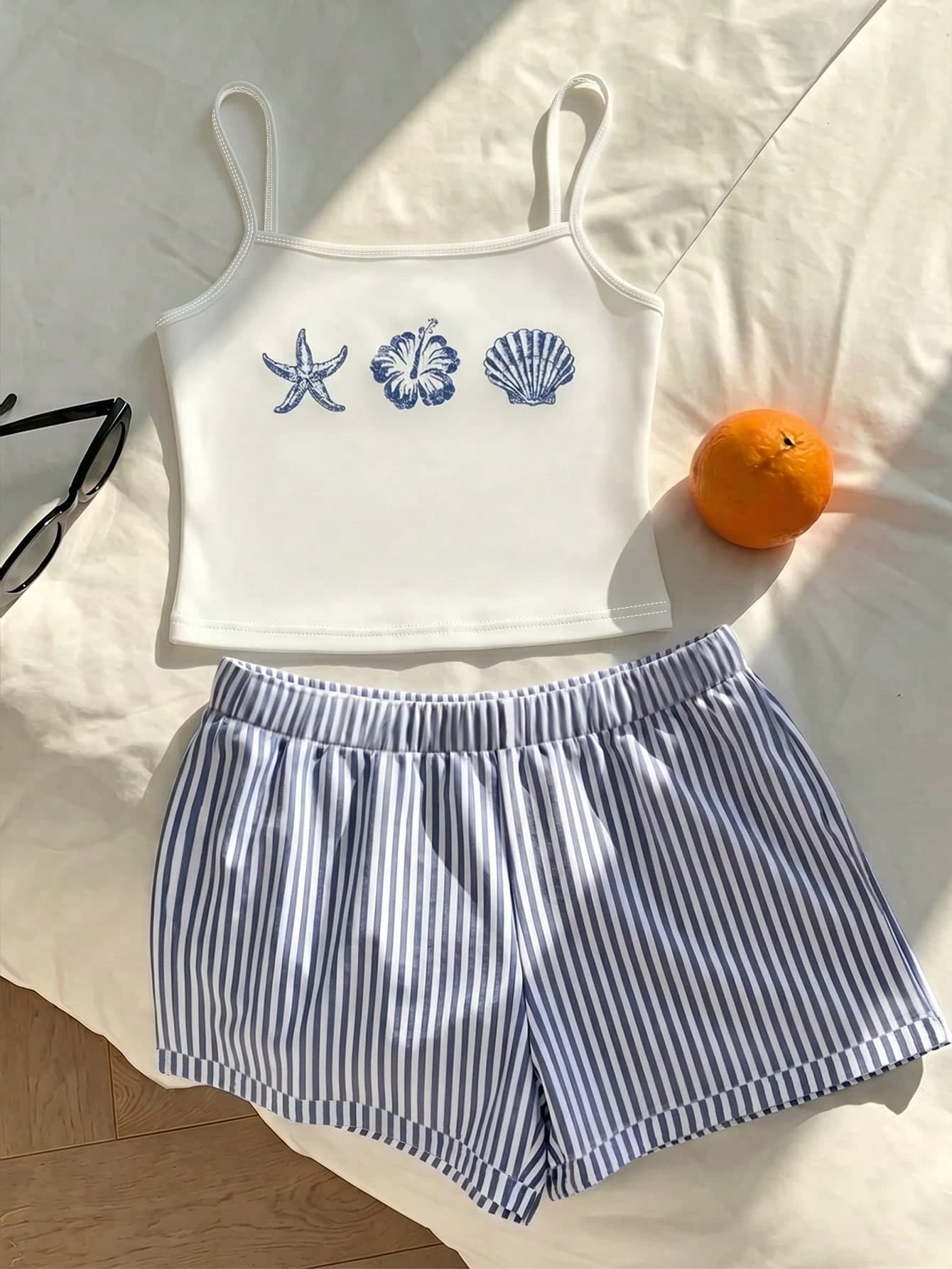 Tween Girls Camisole Tank Top And Drawstring Shorts Set, Simple White And Blue Seafood Graphic Print, Suitable For Summer, Pink Camisole, Girls Camisole