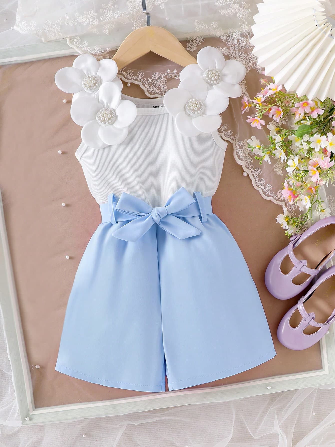 Elladie kids Girls Floral Camisole Waist Khaki Jumpsuit,Sweet & Comfortable Floral Belt,White,Summer,7th Birthday Casual Outfit,Cute Spring Outfits For Girls