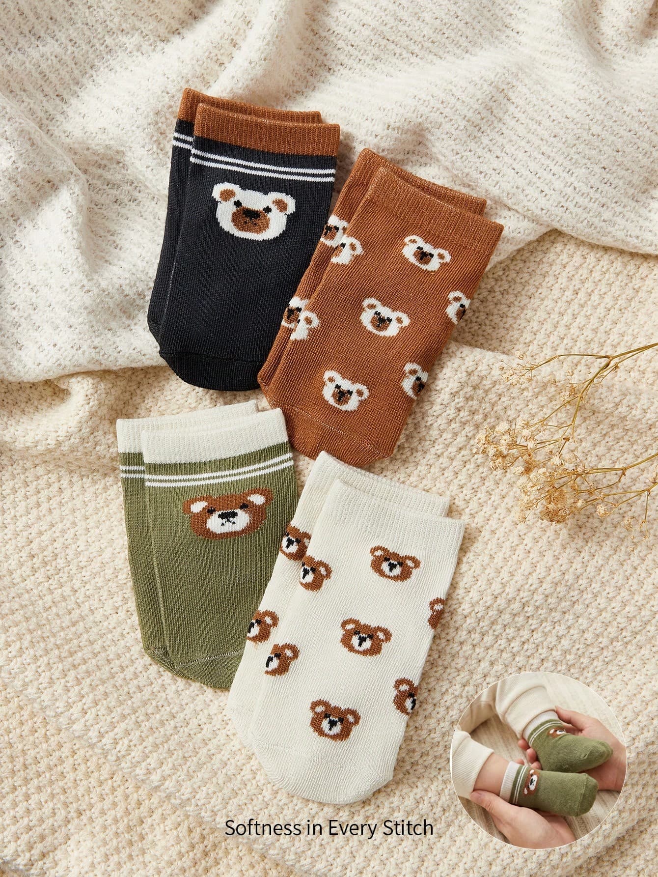 Cozy Pixies 4 Pairs Of Baby Socks Cartoon Cute Bear Socks, Indoor And Outdoor Socks For Boys And Girls