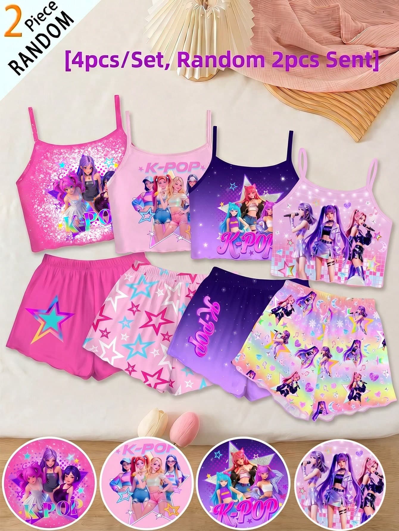 SHEIN [4pcs/Set,Random 2pcs Sent] Surprise Box Young Girl's Fashionable Cute Cartoon K-POP Print Ombre Light Pink Camisole & Shorts Family Matching Set