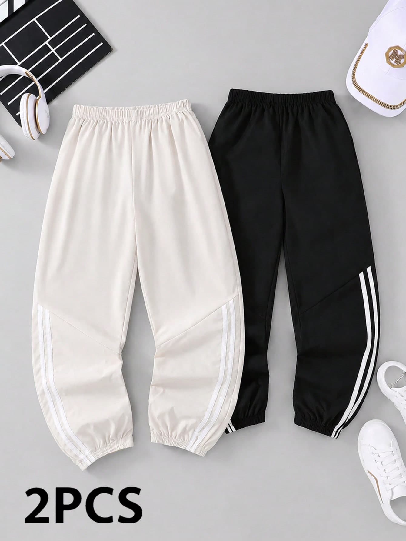 SHEIN Explorewe 2-Pack Tween Boys All-Match Versatile Side Asymmetrical Stripe Solid Color Pants Elastic Cuff Loose Fit Casual Trousers