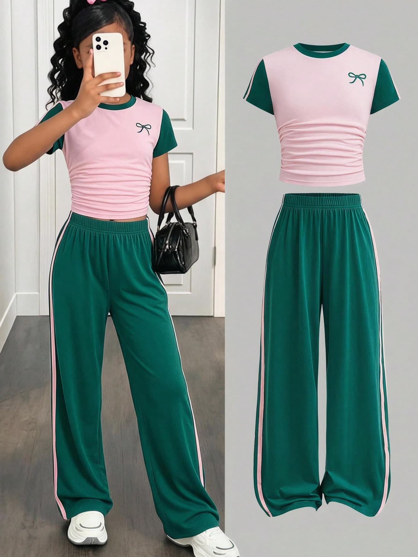 Tween Girls Bowknot Contrast Color Patchwork Bowknot Print T-Shirt And Long Pants Knit 2 Pieces Set Casual Daily Fashion Versatile