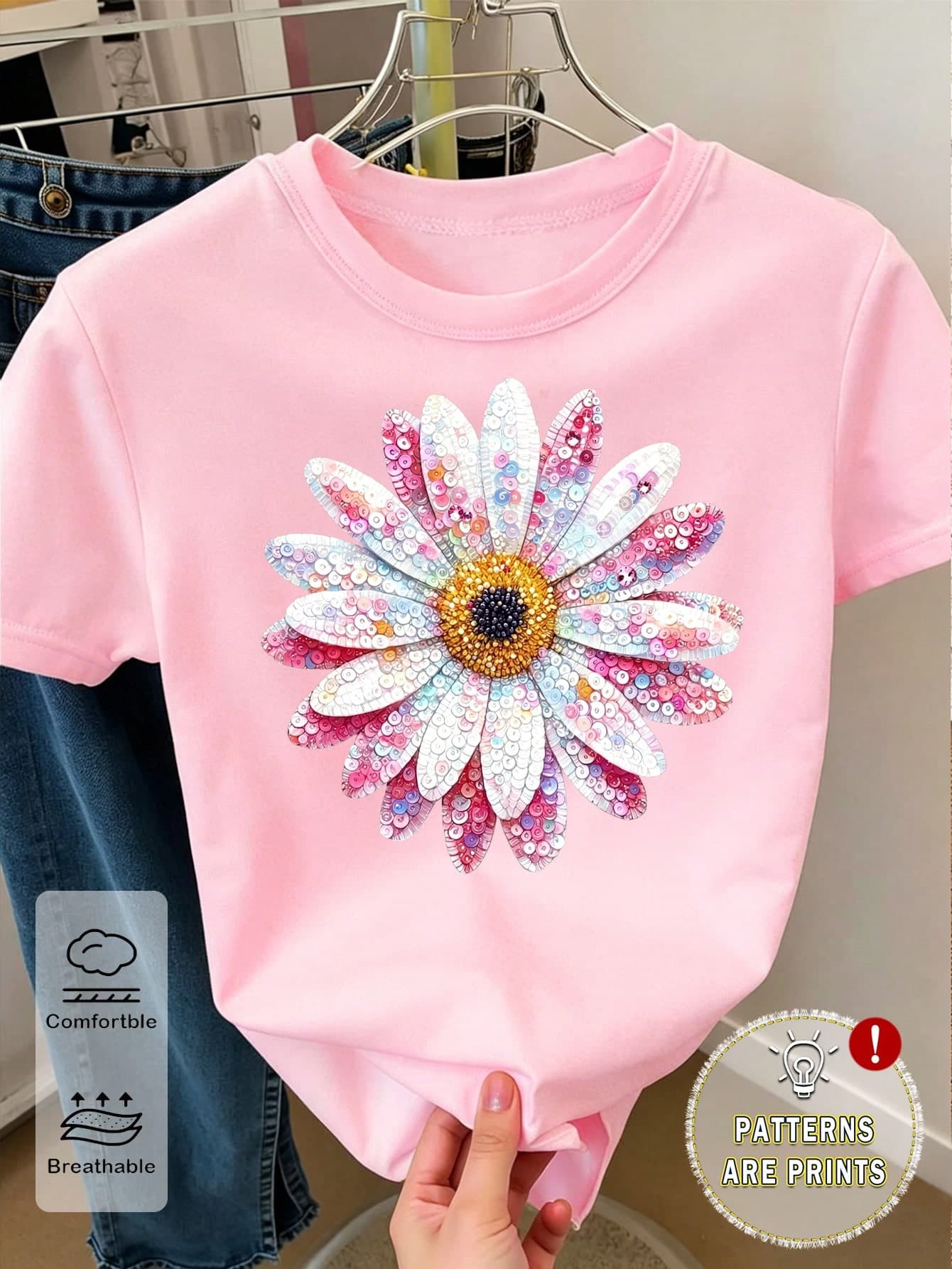 Young Girls Cute Fresh Shiny Sequin Floral Print Basic Pink Short T-Shirt Summer Top Comfortable Casual Vibe Tops