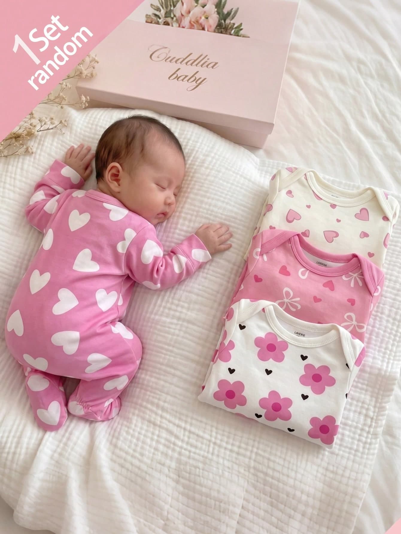 SHEIN [Buy 4 Get 1] Floral,Heart,Bow Print Baby Footie Romper,Infant Long Sleeve Jumpsuit Pajamas,Light Pink,Winter,Cute,Night Sweet Minimalist Sleepwear