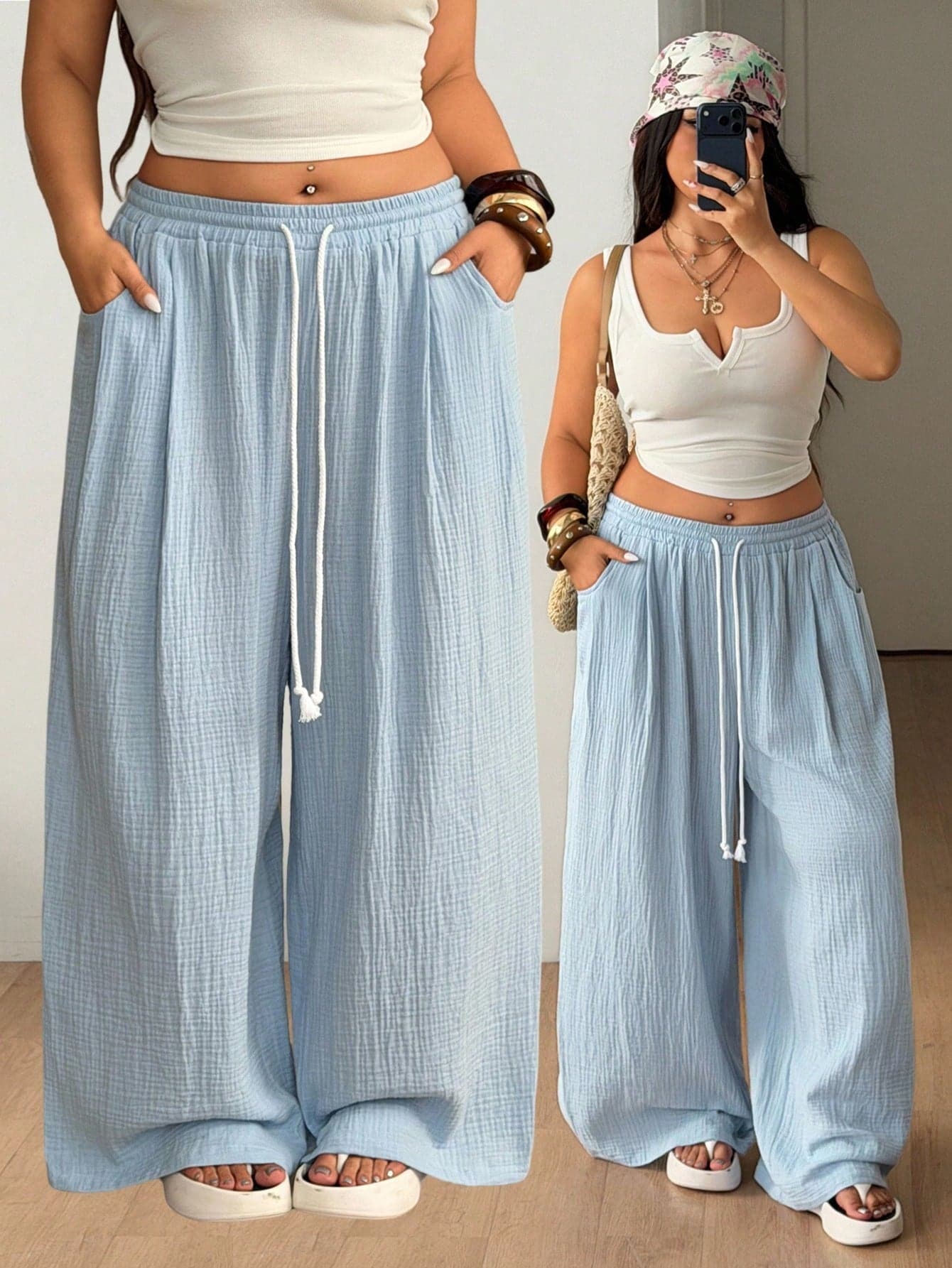 Coolane Women's Plus Size Autumn Vacation Casual Streetwear Boho Outfit Oversized Drawstring Waist Baby Blue 100 Cotton Loose Pants Brunch Formal