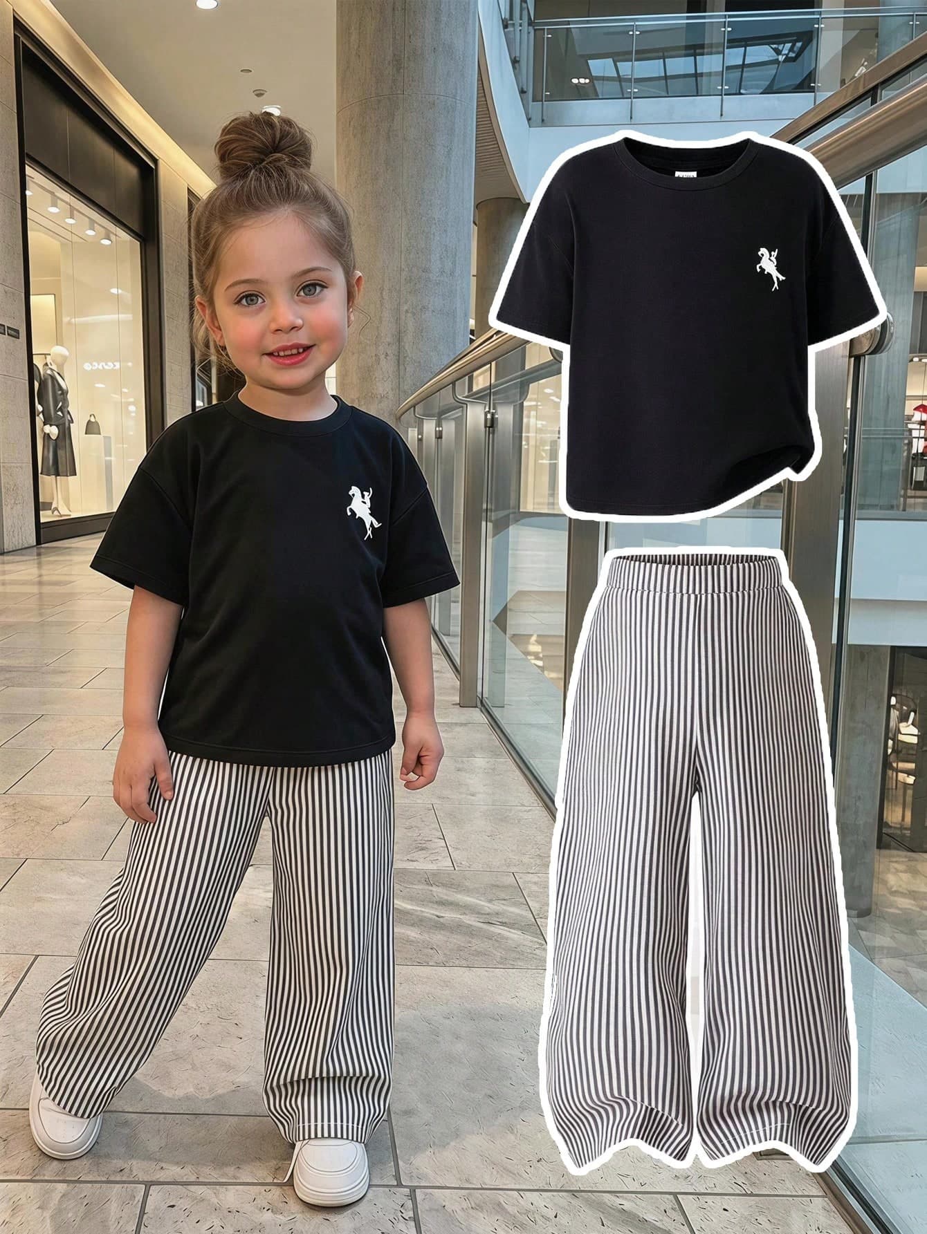 Emery Rose Kids Kids 2pcs Young Girl Knitted Solid Color Round Neck Casual T-Shirt And Woven Striped Pants Set Back-To-School Summer