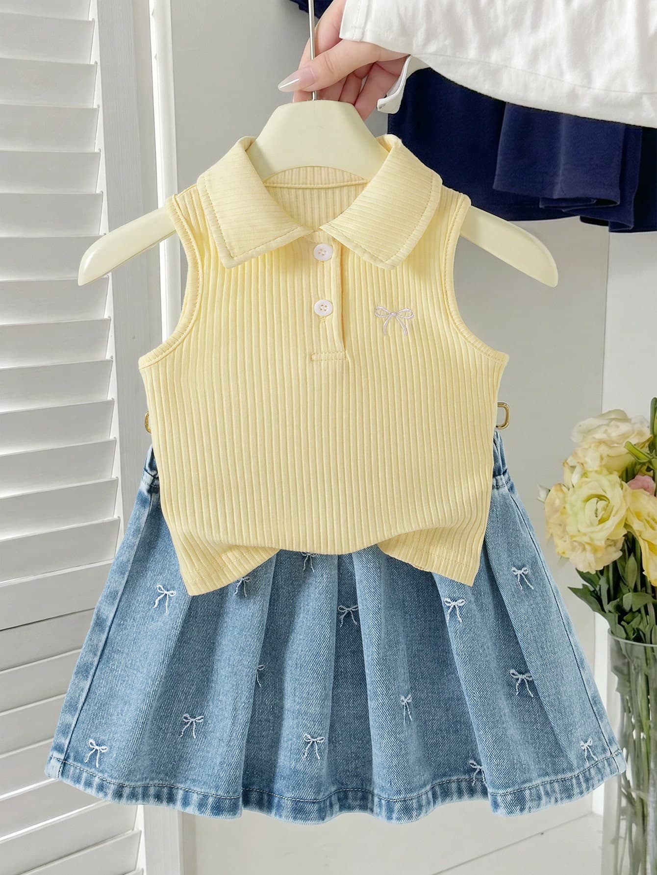 Genkimix Kids Young Girls Polo Skirt Set Summer New Arrival Cute Sweet Style Yellow Ribbed Knit Sleeveless Top With Pink Bow Embroidery Light Blue Denim Pleated Skirt Elastic Waist Squishy Soft Casual Outfit For Daily School Holiday Trave