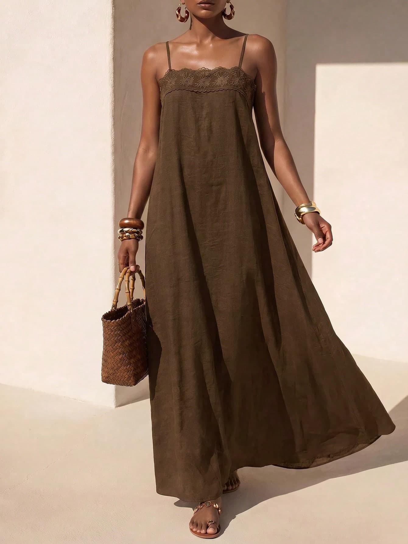 Zivah New Summer Casual Vacation Commuting Loose-Fitting Brown Linen Fabric Lace Trim A-Line Camisole Women Long Dress,Suitable For Everyday Wear, Vacations, Music Festivals, Travel, Beaches, Party, Airport Outfits, Brunch Outfits, Boho , Nomadic,Casual ,Commuting,Graduation Outifit,Country Concert Outfit,Business
