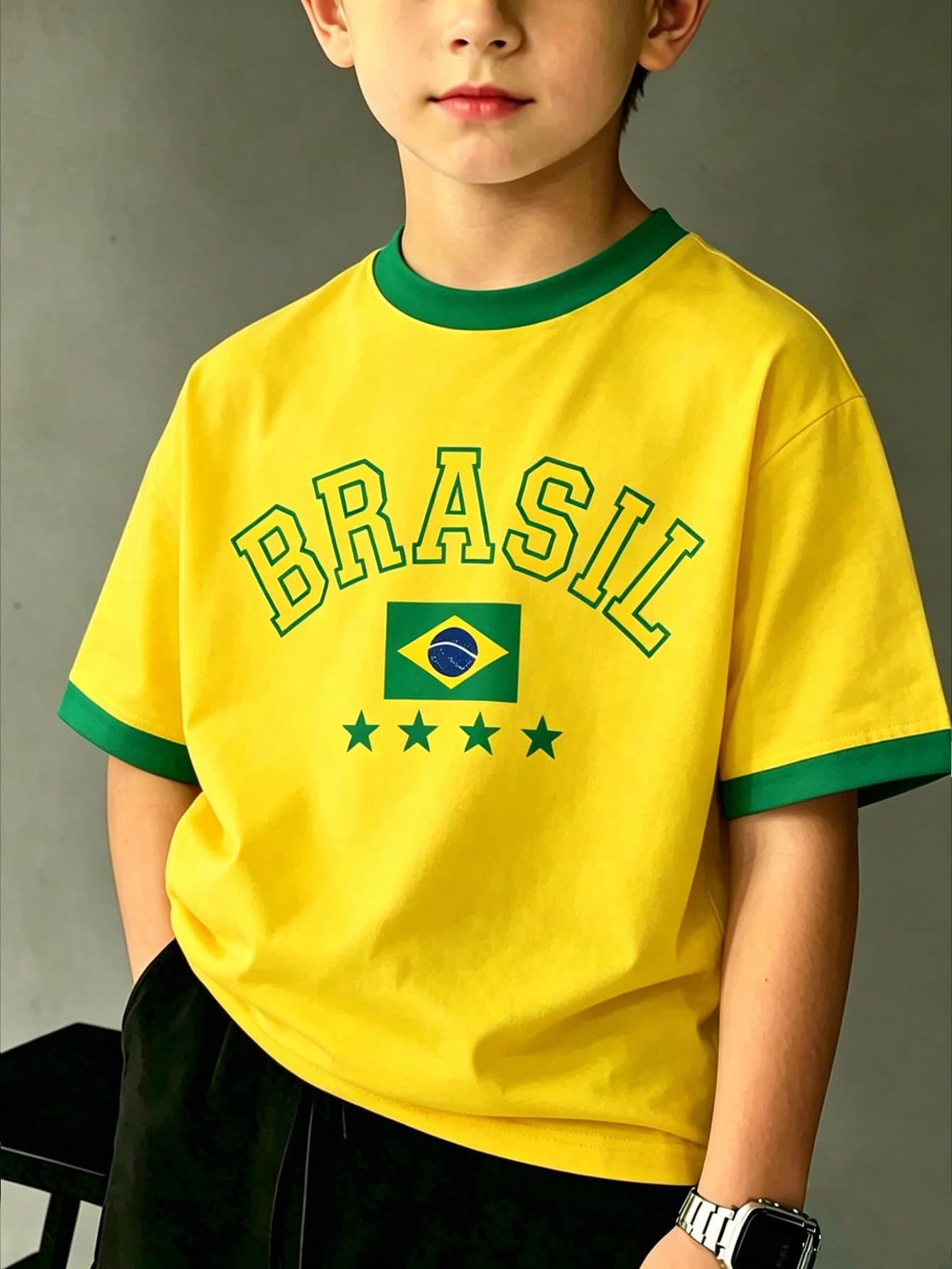SHEIN [1pc]Boys' Big Kids, Brazil Style Yellow & Green Color Block BRASIL Print Short Sleeve T-Shirt, Casual Sports Style, Summer / Spring & Autumn.