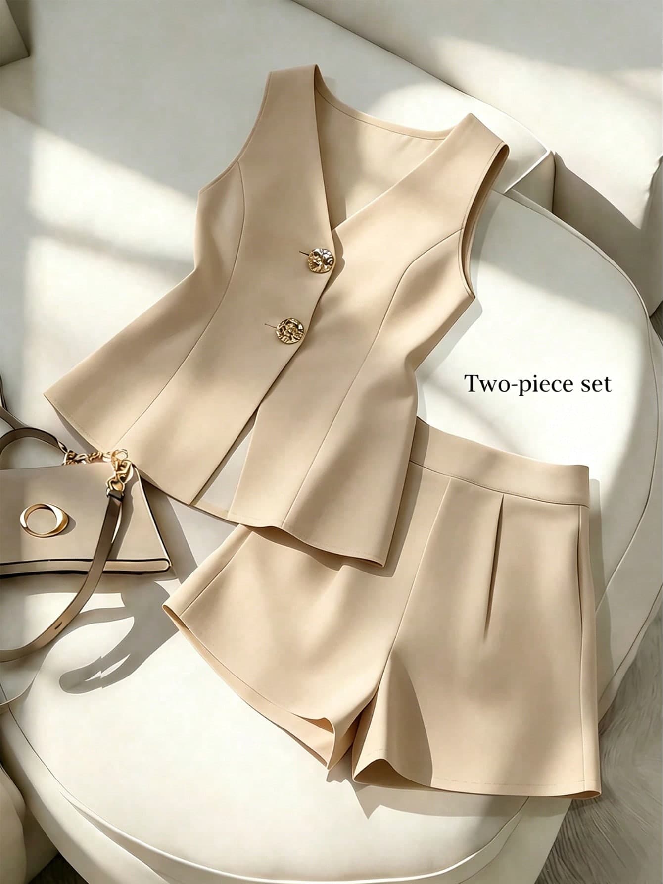 Franclia Spring/Summer New Women's 2-Piece Set, Women's V-Neck Top And Shorts 2-Piece Set, Pale Yellow Suit, Women's Elegant Suit, Women's Office Suit, Women's Summer Suit, Women's Casual Suit, Women's Blazer Suit, Women's 2-Piece Set