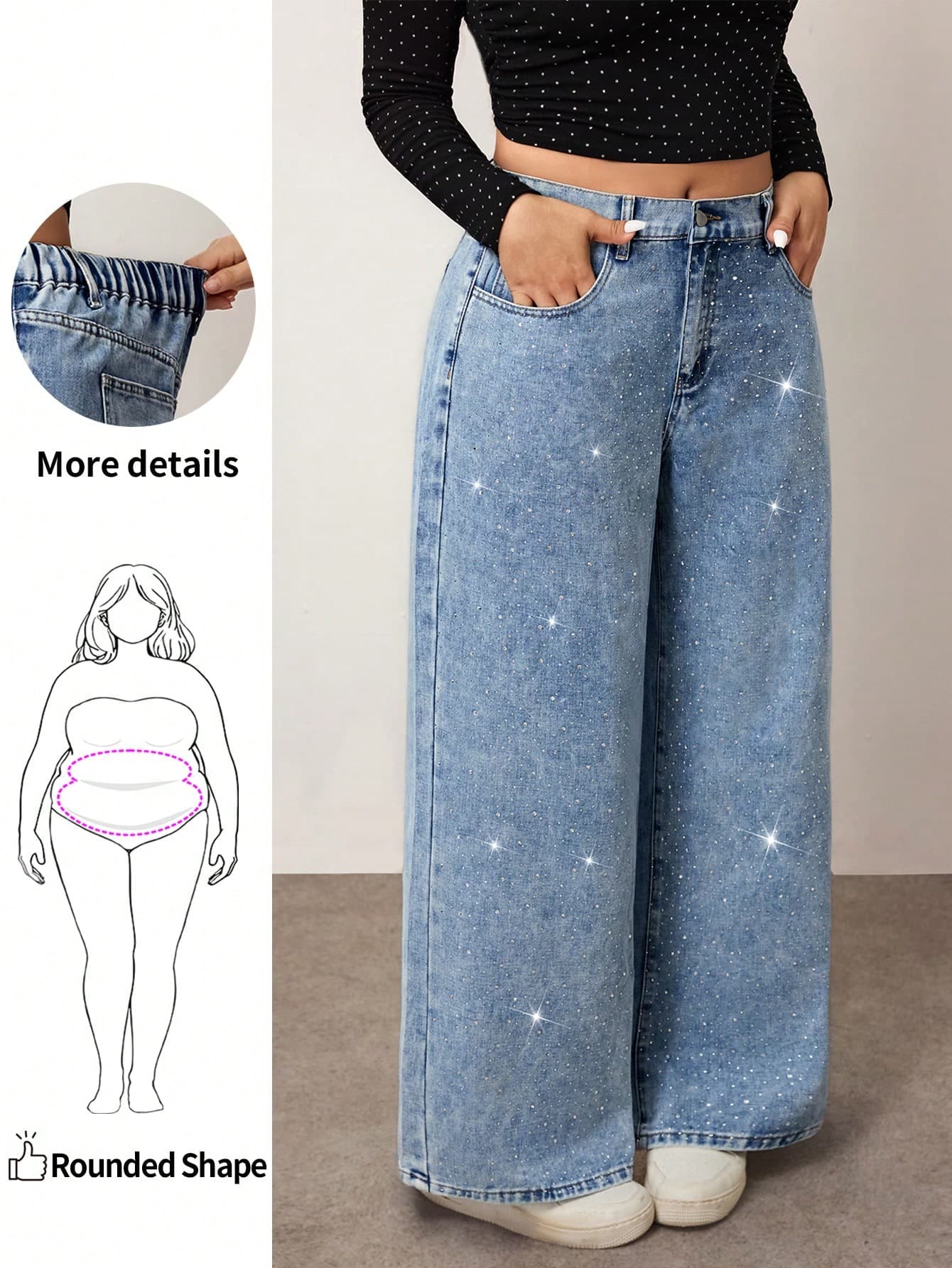 Enliva Plus Size Women Rhinestone Pocket Wide Leg Loose Casual Fall Jeans For Women, For Apple And Rounded Body Shape