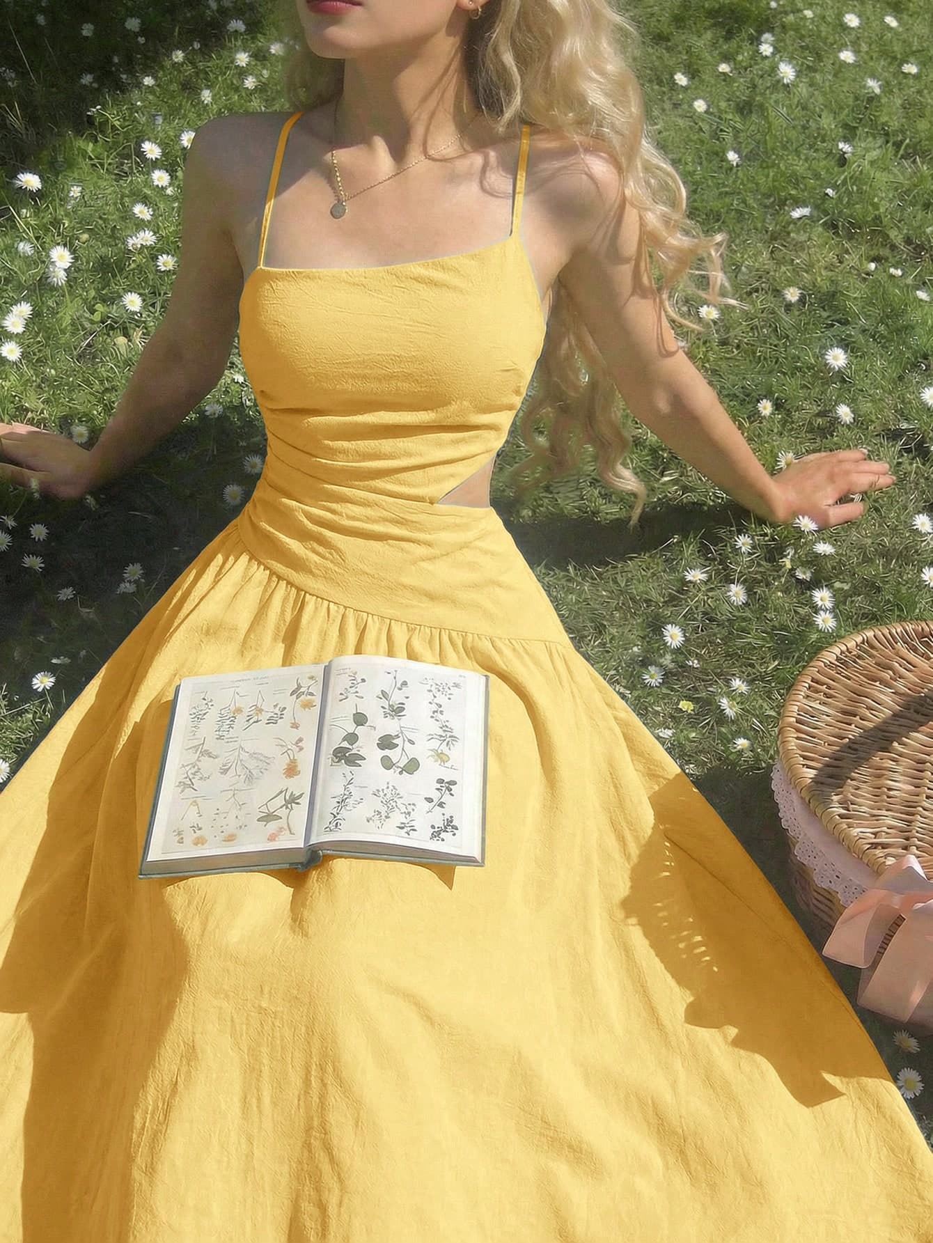 Skyraze Yellow Asymmetric Cut-Out Waist Backless Dress For Vacation Picnic Vacation Summer Sexy