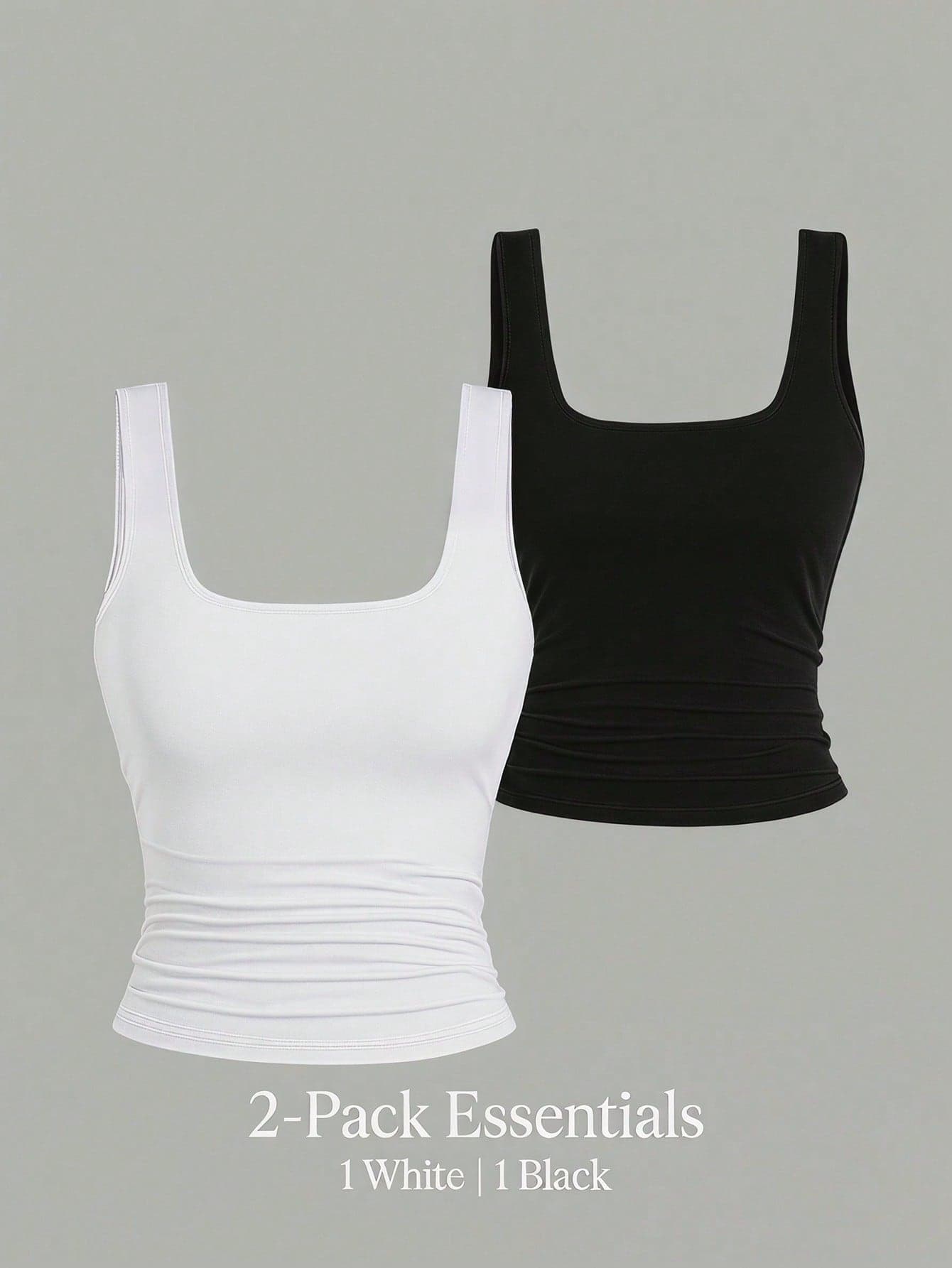 Teen (14-16 Years Old) 2pcs Square Neck Ruched Crop Tank Top - Basic Black & White Stretchy Slim Fit Y2K Summer Camisole