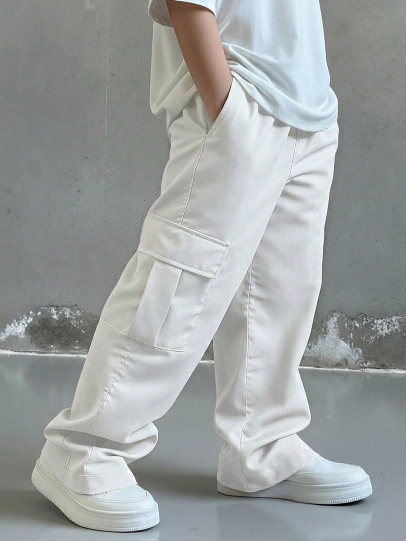 Tween Boy Casual Daily Comfortable Cargo Pocket Straight Leg Loose Long Pants, White Cargo Pants, New Year, Six Seven Suitable For Outings, School, Spring, Summer, Fall, Winter Seasons