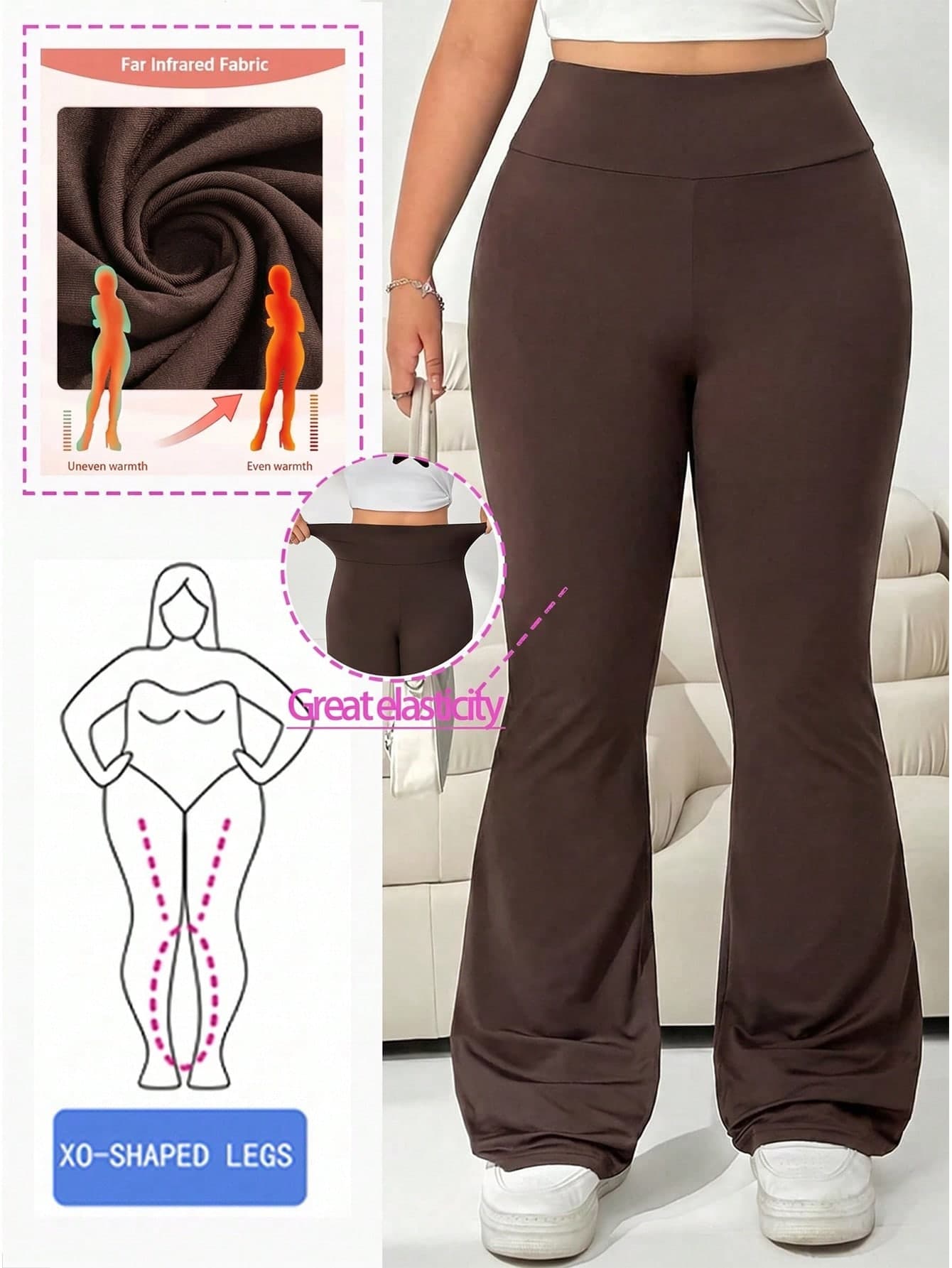 Solflare Plus Size Chocolate Brown High Waist Stretchy Flare Leggings