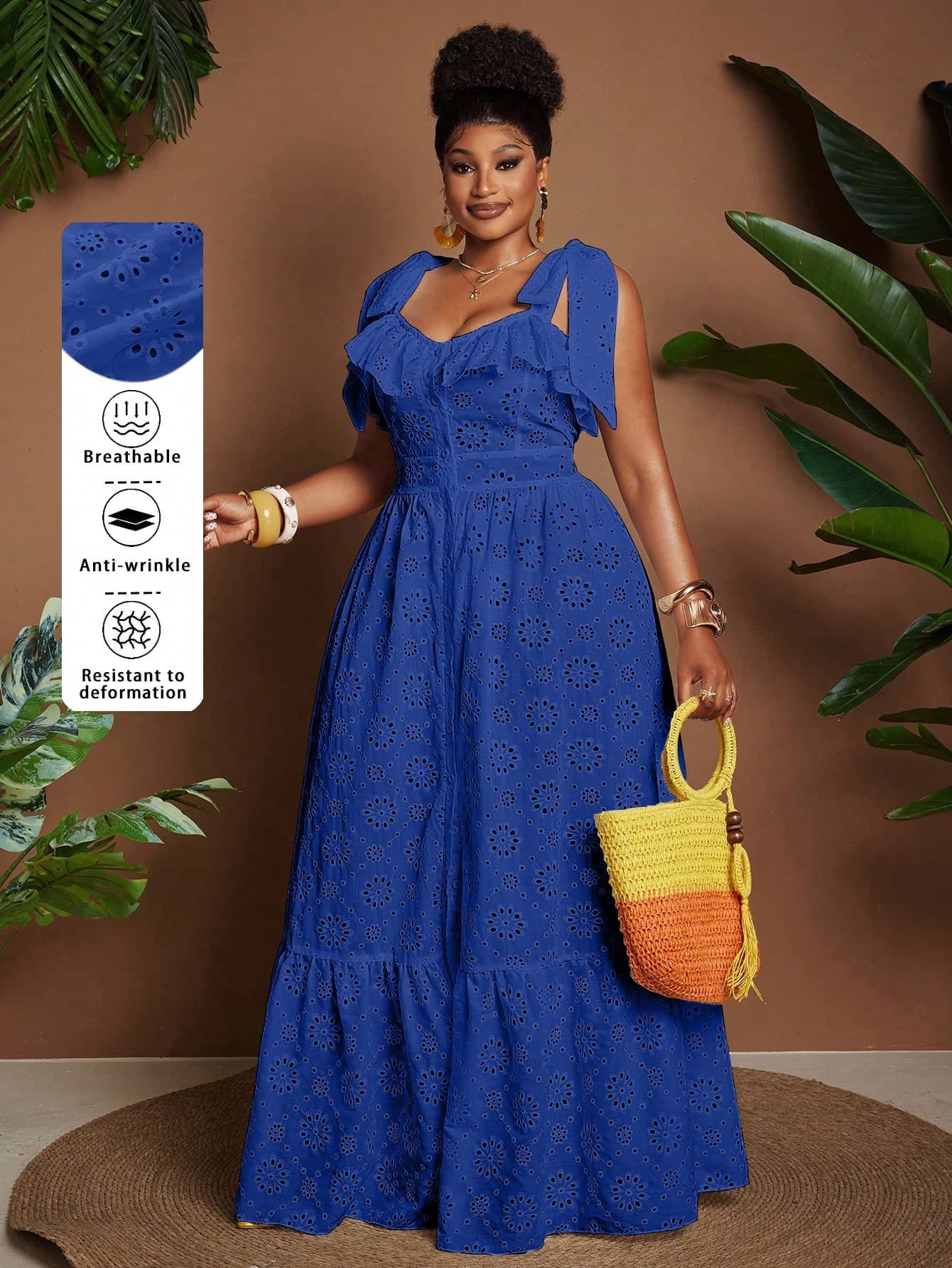 Maweii Plus Size Elegant Vacation Style Woven Embroidered Fabric Patchwork Ruffle Square Neck Tie Strap Full Skirt Dress