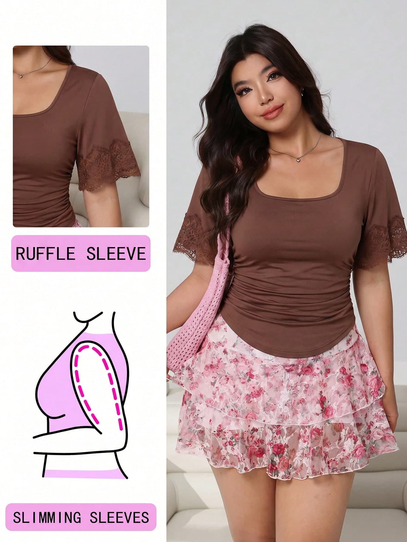 Solflare Plus Size Women's Solid Color Pleated Casual Square Neck Lace Trim T-Shirt