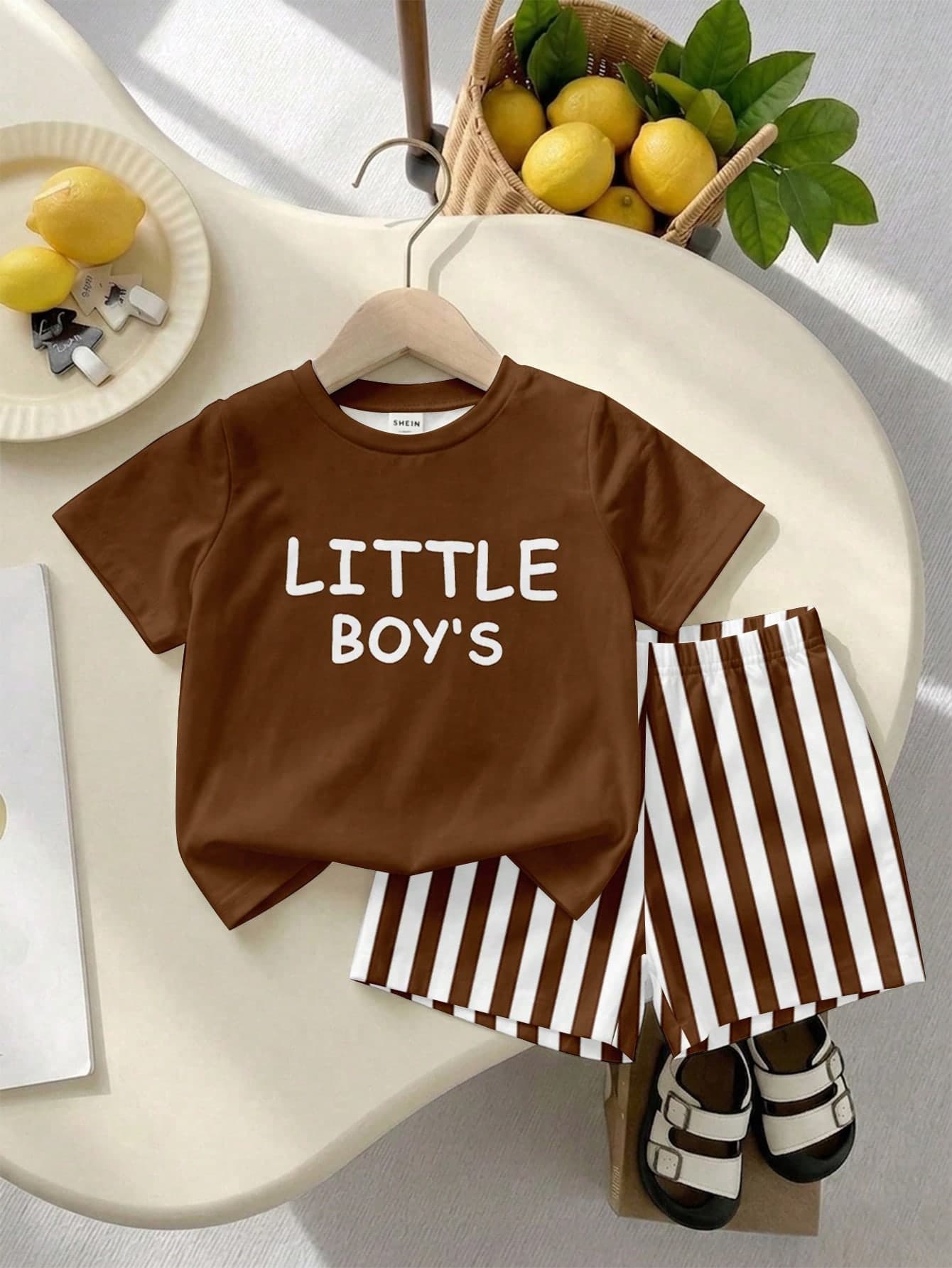 SHEIN Playful Pals 1 Set Baby Boys Casual Minimalist Vacation Style "LITTLE BOY'S" Letter Print Crew Neck Short Sleeve T-Shirt And Striped Print Shorts Set