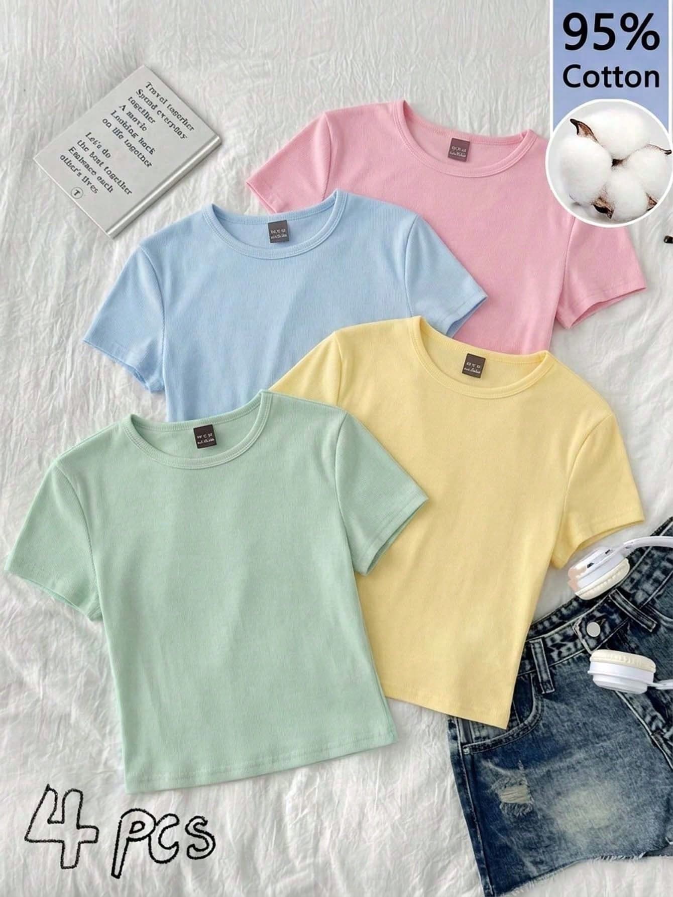 Tseoso 4pcs Macaron Color Casual Round Neck Regular Shoulder Short Sleeve Slim Fit Women's T-Shirt Suitable For Summer