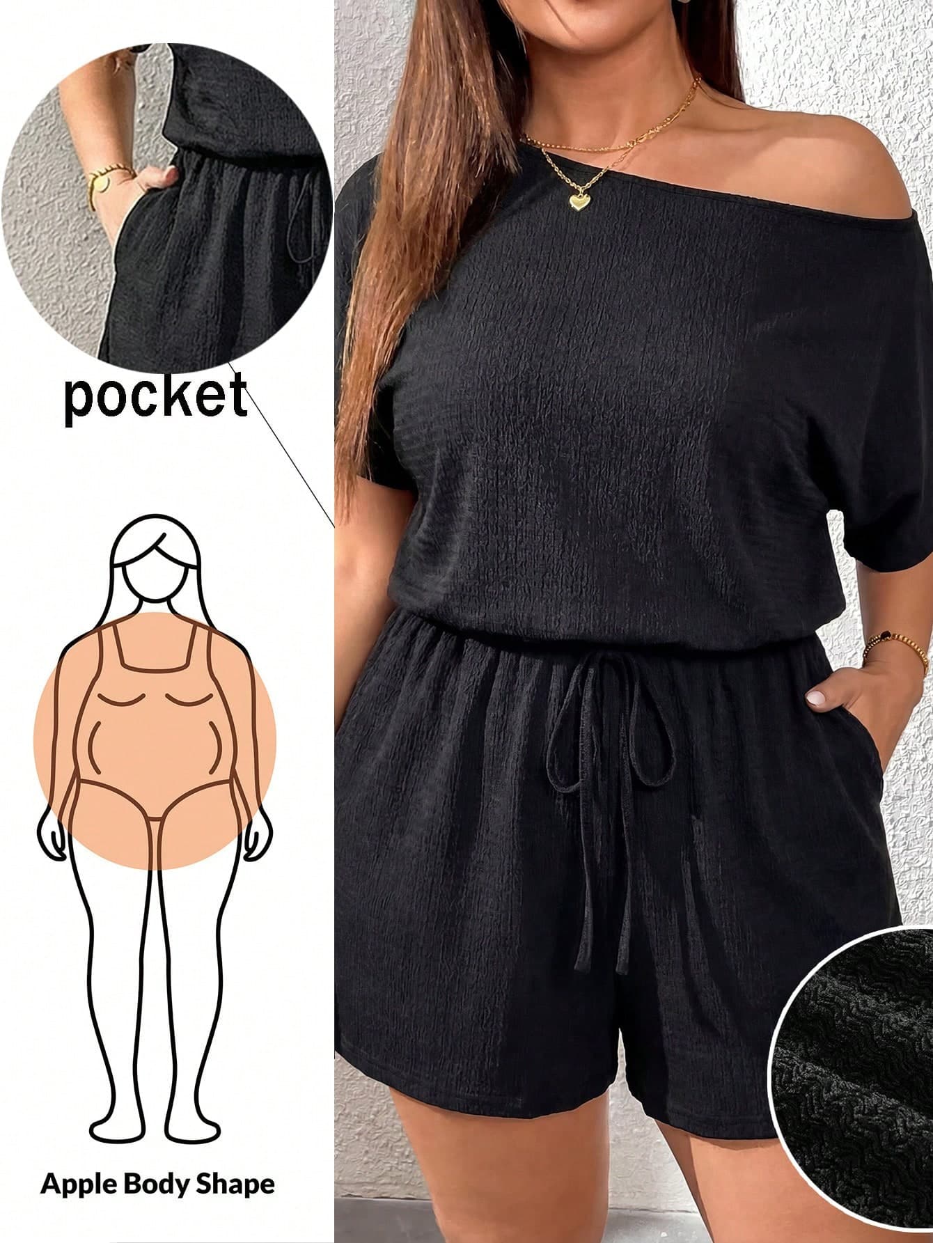 SHEIN Essnce Plus Size Women's Textured Fabric Jumpsuit, Black, Summer, Casual Fashion, Vacation Style, Off-Shoulder Casual Jumpsuit, Suitable For Rave Music Festival, Women's Vacation Shorts Set