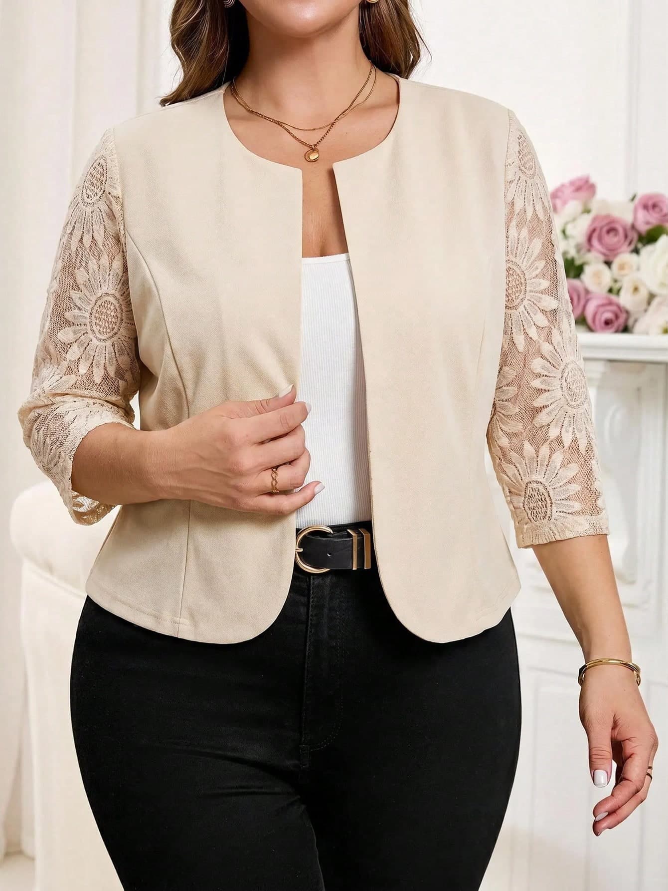 Reflora Plus Size Women's Elegant Sleeve Contrast Lace Short Jacket Suitable For Daily Wear Fall