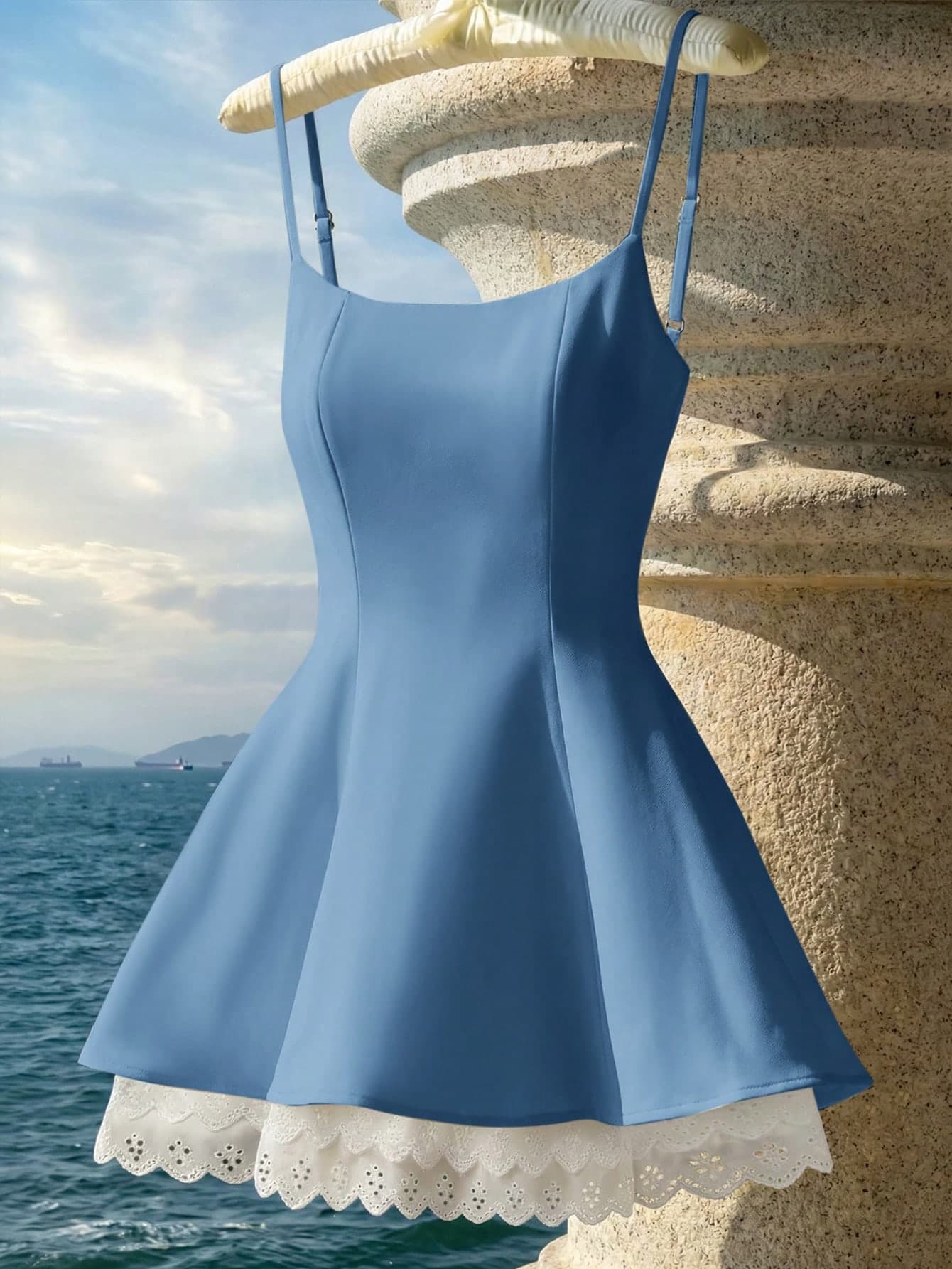 GlowEve Women's Spring Casual Spaghetti Strap Cinched Waist Minimalist Solid Color Lace Patchwork A-Line Short Dress