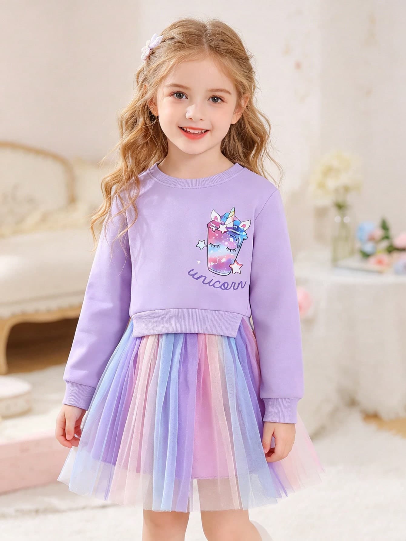 SHEIN Glamorique Kids Girls Unicorn Print Mesh Patchwork Long Sleeve Dress,Baby Purple Pastel Fairy Autumn Party School Dress,Summer Back-To-School 1 Piece Skirt Set,Girl