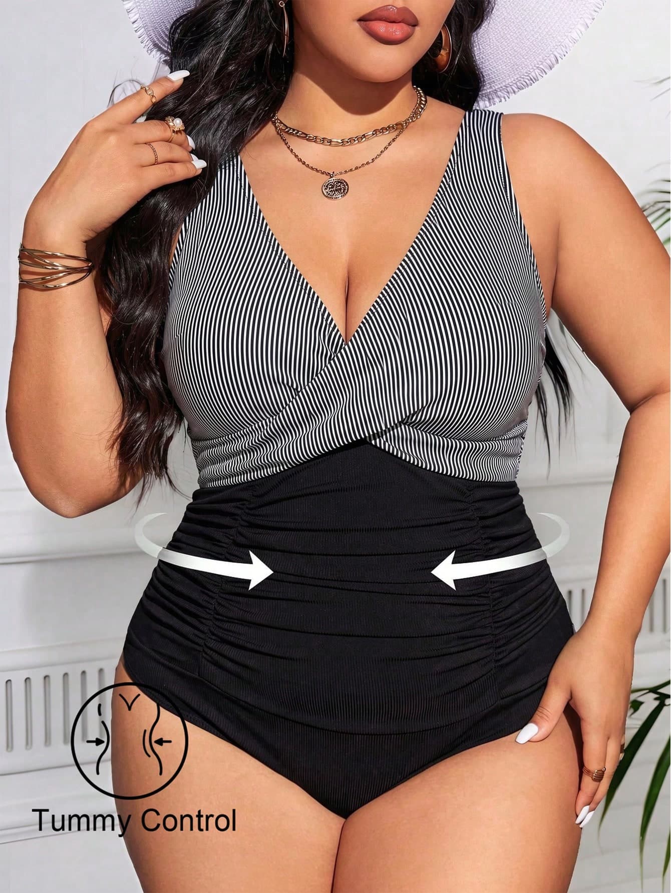 Swim Lushoire Plus Size Women's V-Neck Striped Color Block Ruched One-Piece Swimsuit, Suitable For Beach Vacation, Pool Party, Beach Party