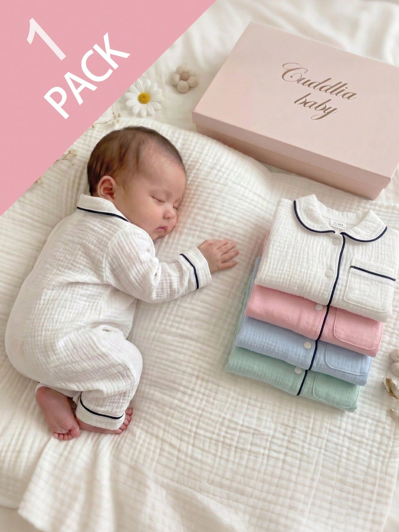 SHEIN Newborn Home Jumpsuit Pajamas, Cotton Crinkle Fabric With Piping, Soft And Comfortable